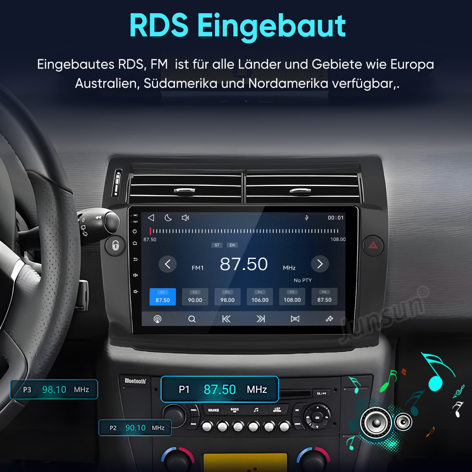 Autoradio mit großem Touchscreen, FM-Radioanzeige und integriertem RDS im Armaturenbrett eines Autos.