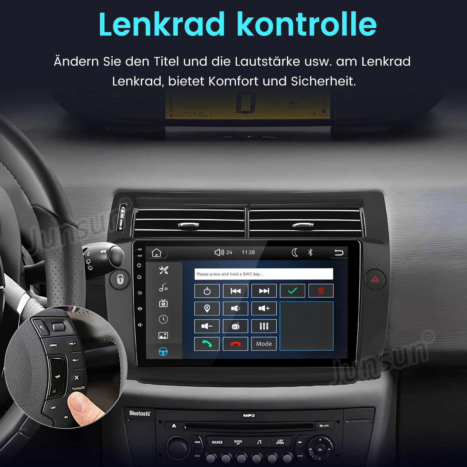 Autocockpit mit digitalem Multimedia-Bildschirm, Lüftungsschlitzen und Ausschnitt der Lenkradtasten.