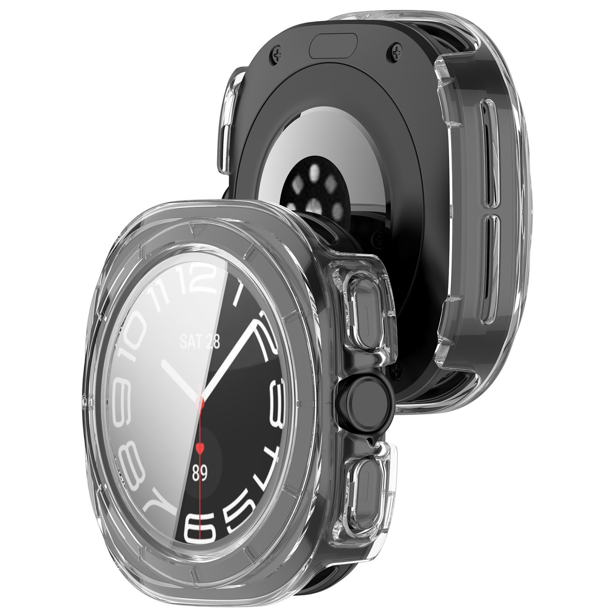 Eine schwarze Smartwatch in einer klaren Schutzhülle, Vorder- und Rückseite auf weißem Hintergrund.