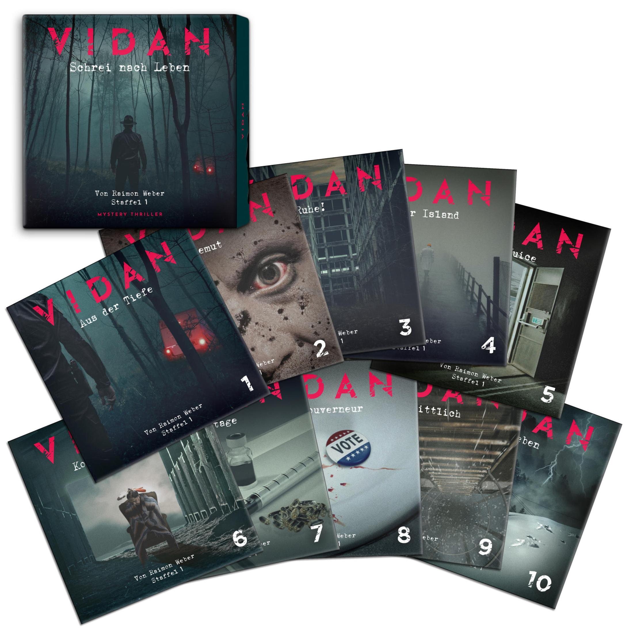 Eine Box und zehn nummerierte Hörspielcover von VIDAN mit mysteriösen Motiven in Schwarz-Weiß und Rot.