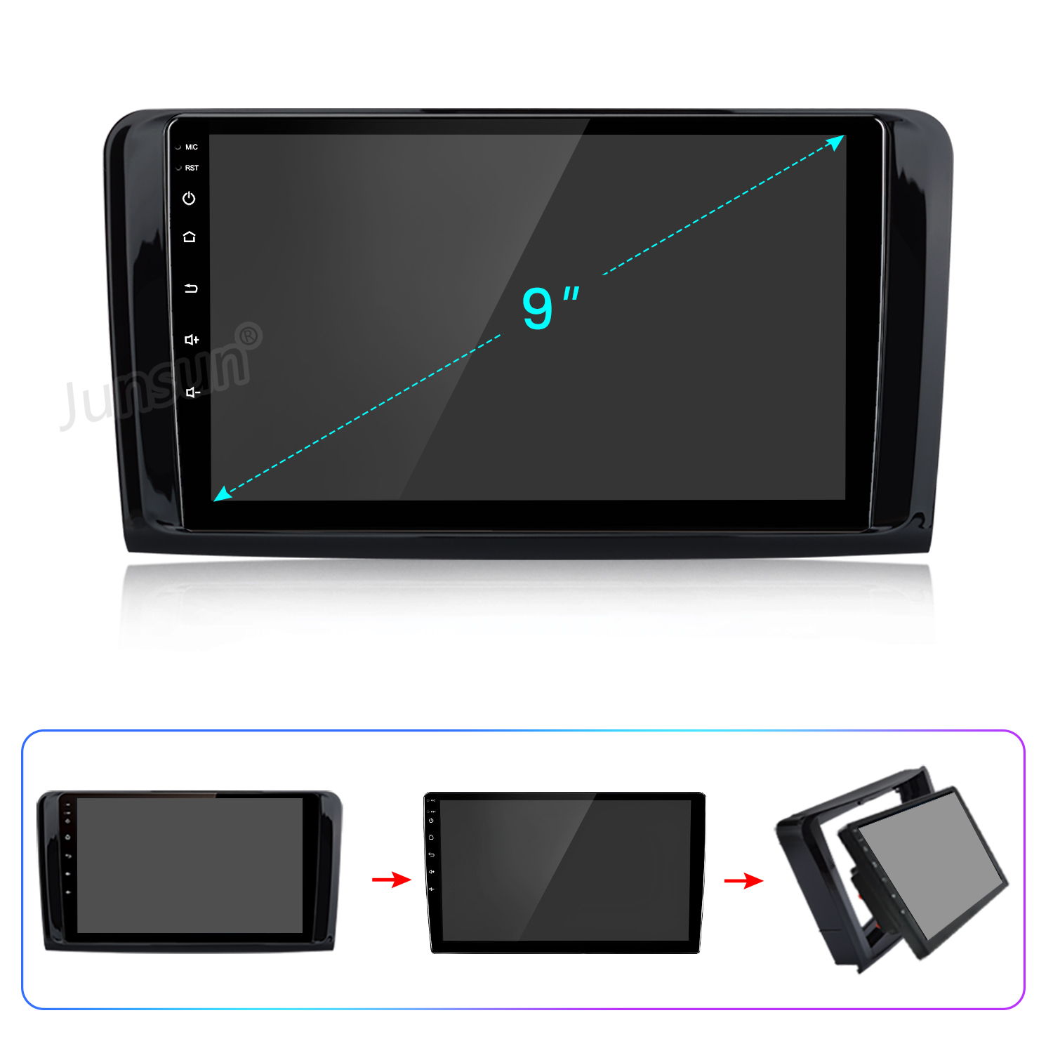 Ein 9-Zoll Auto-Multimediasystem in schwarzem Gehäuse mit Touchscreen und Tastenleiste.