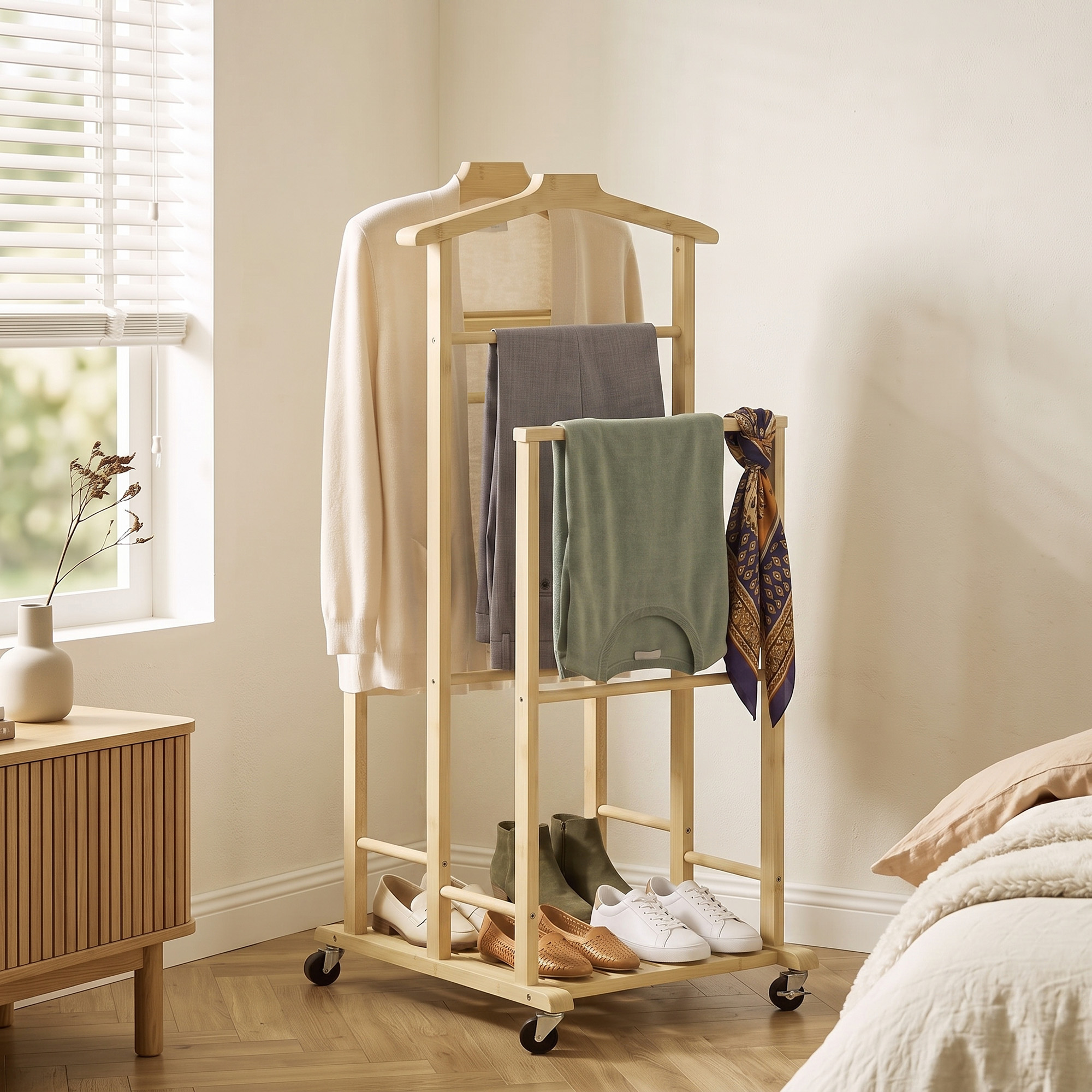 Un perchero de madera con ruedas en un dormitorio, con ropa, accesorios y zapatos en el estante inferior.
