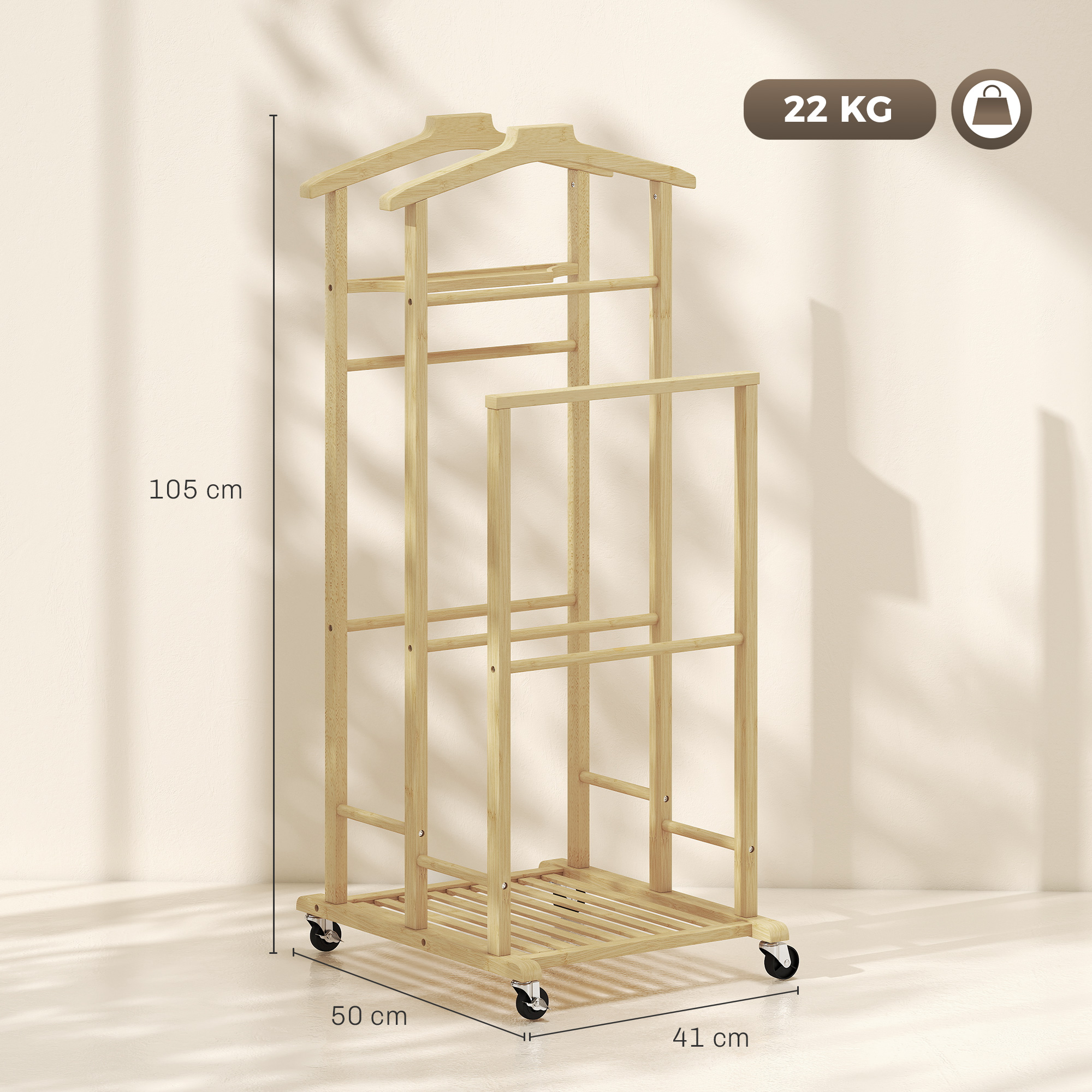Galán de noche de madera con ruedas, dimensiones 105x50x41 cm y 22 kg.
