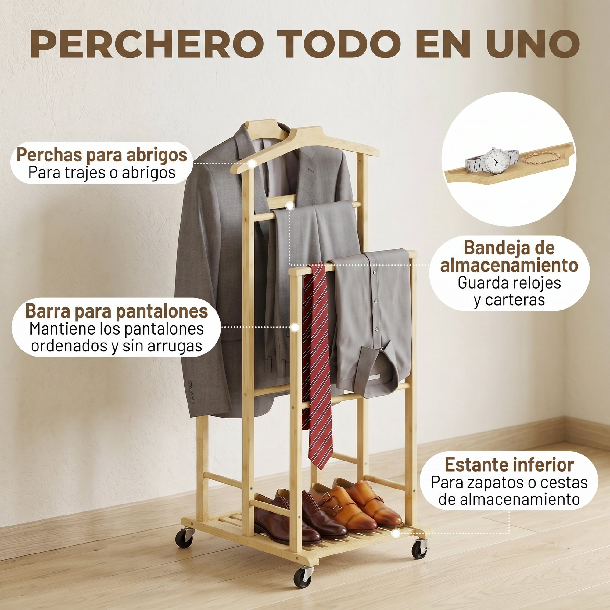 Galán de noche de madera con traje, corbata, zapatos y bandeja.
