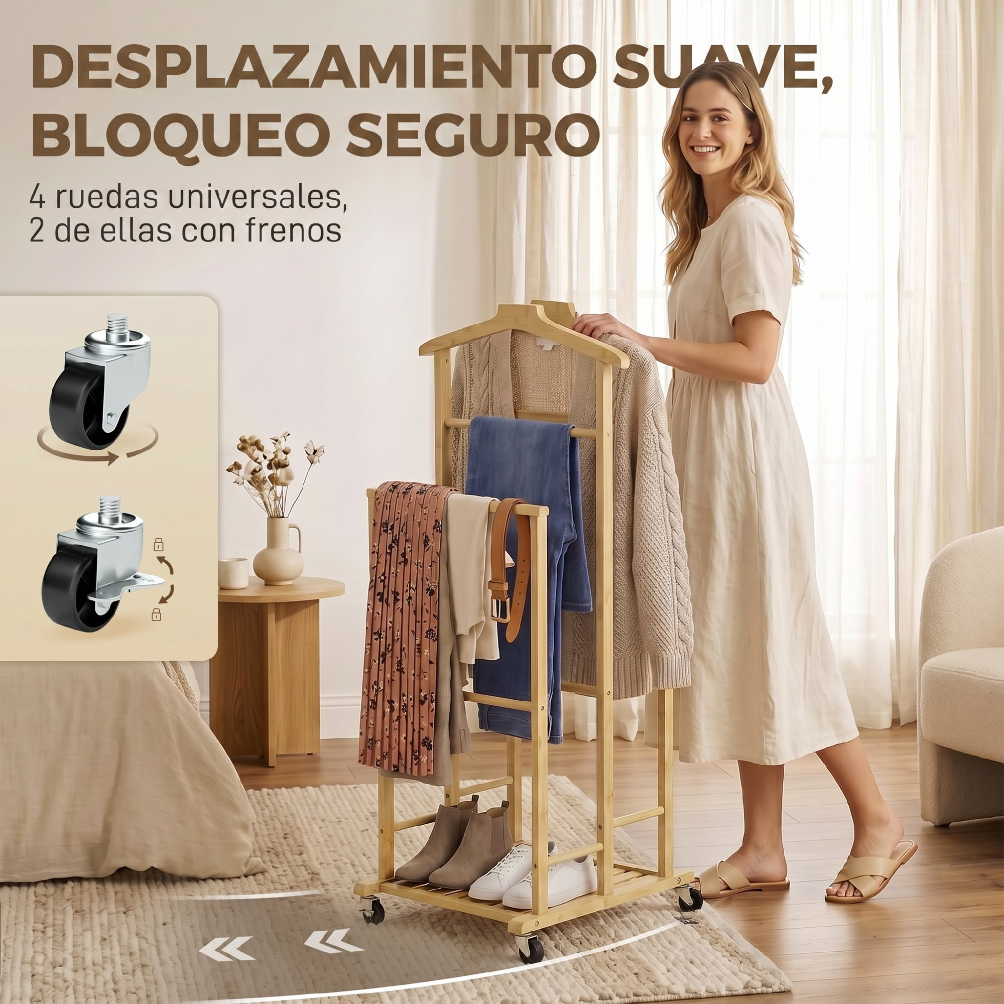 Una mujer sonriente junto a un perchero de madera con ropa, texto en español y detalles de ruedas.