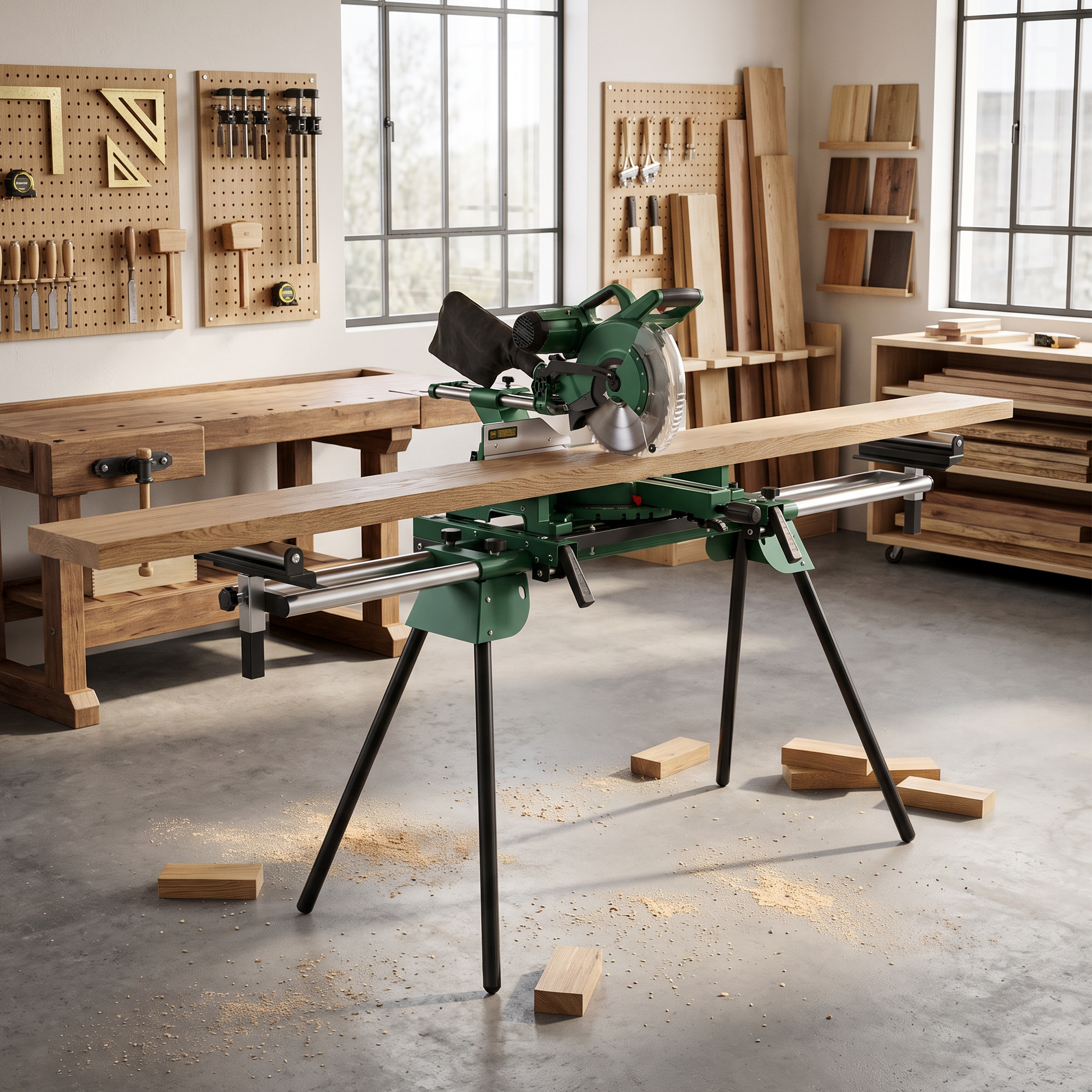 Una ingletadora verde en un soporte en un taller, con una tabla de madera larga, herramientas y restos de madera.