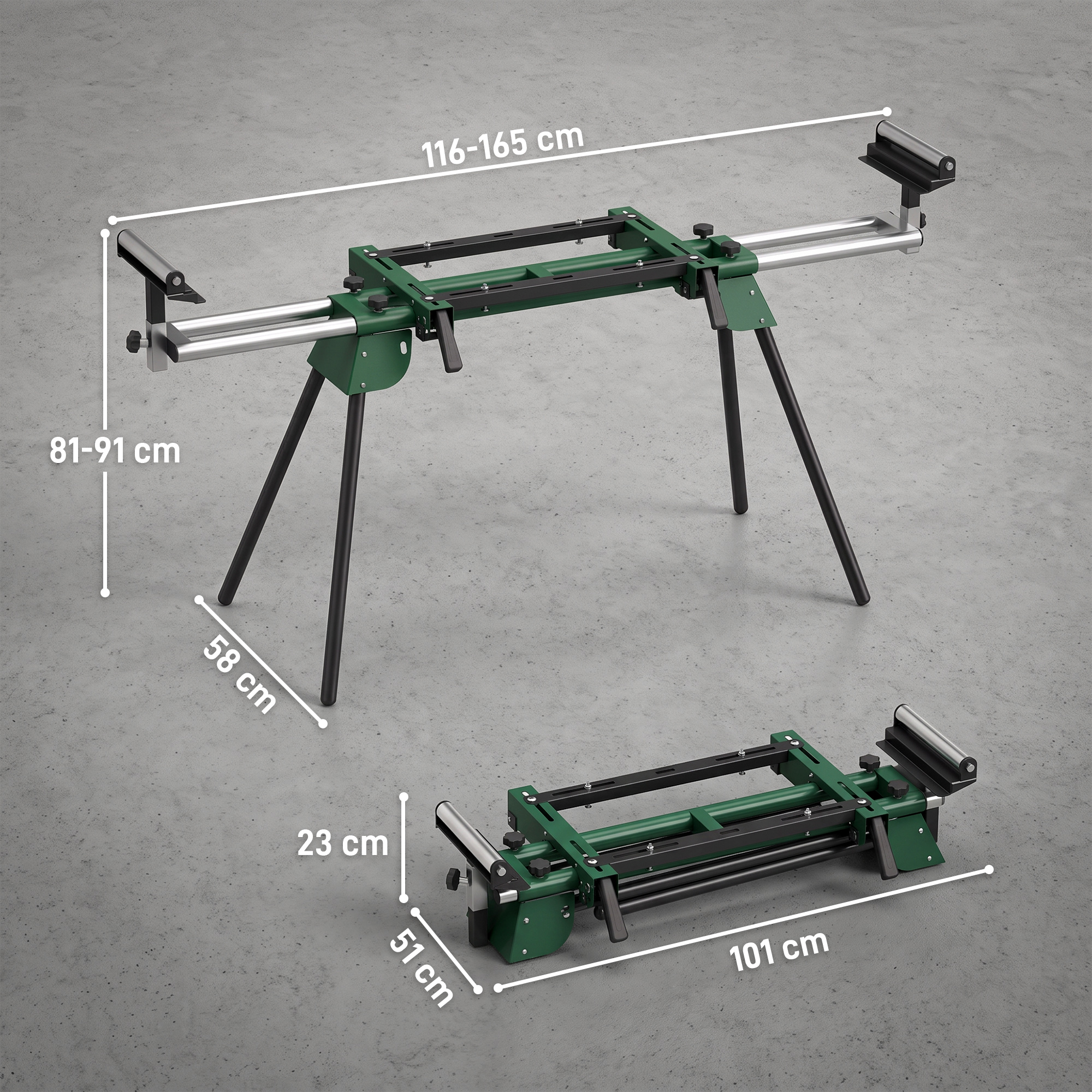 Soporte para sierra ingletadora verde y negro con dimensiones, armado y plegado.