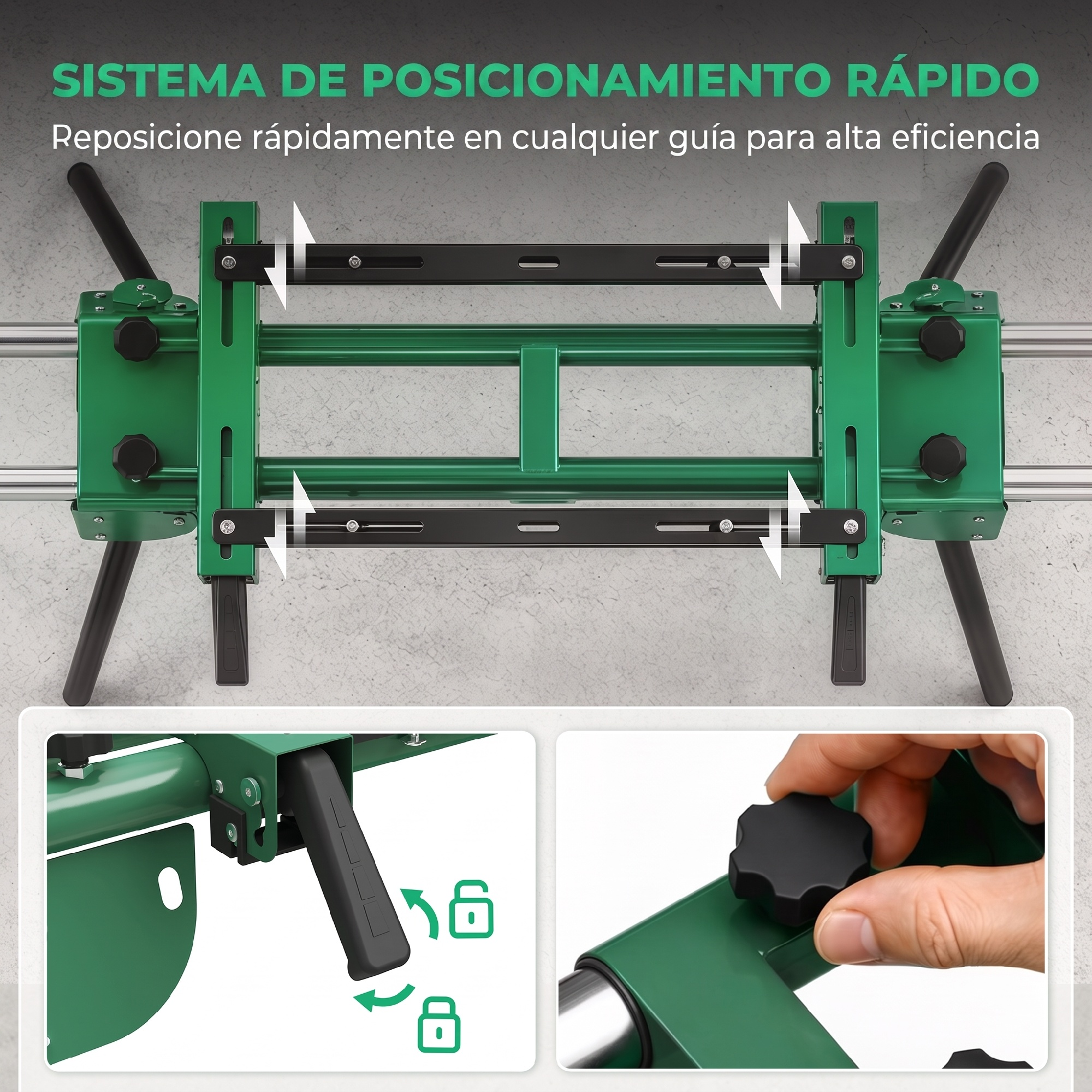 Herramienta verde con sistema de posicionamiento rápido, palancas y pomos.