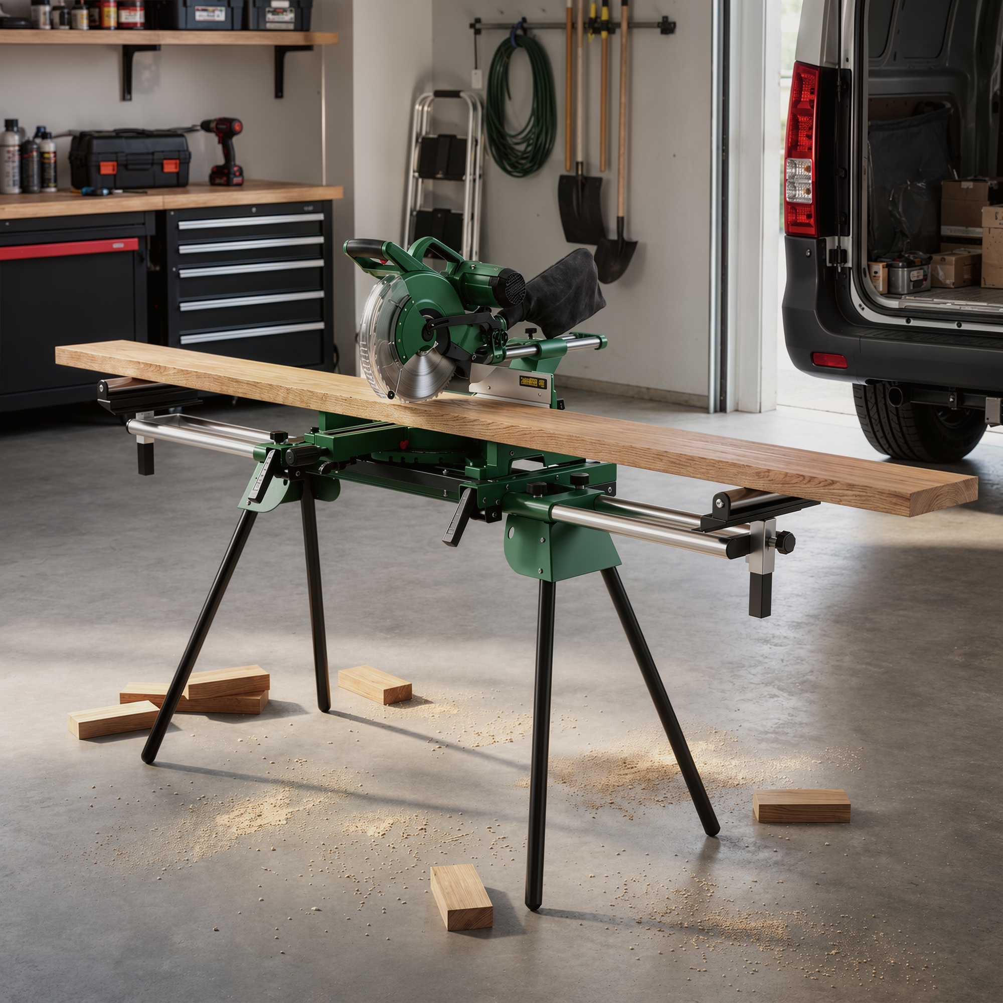 Una sierra ingletadora verde en un soporte corta una tabla de madera larga en un garaje.