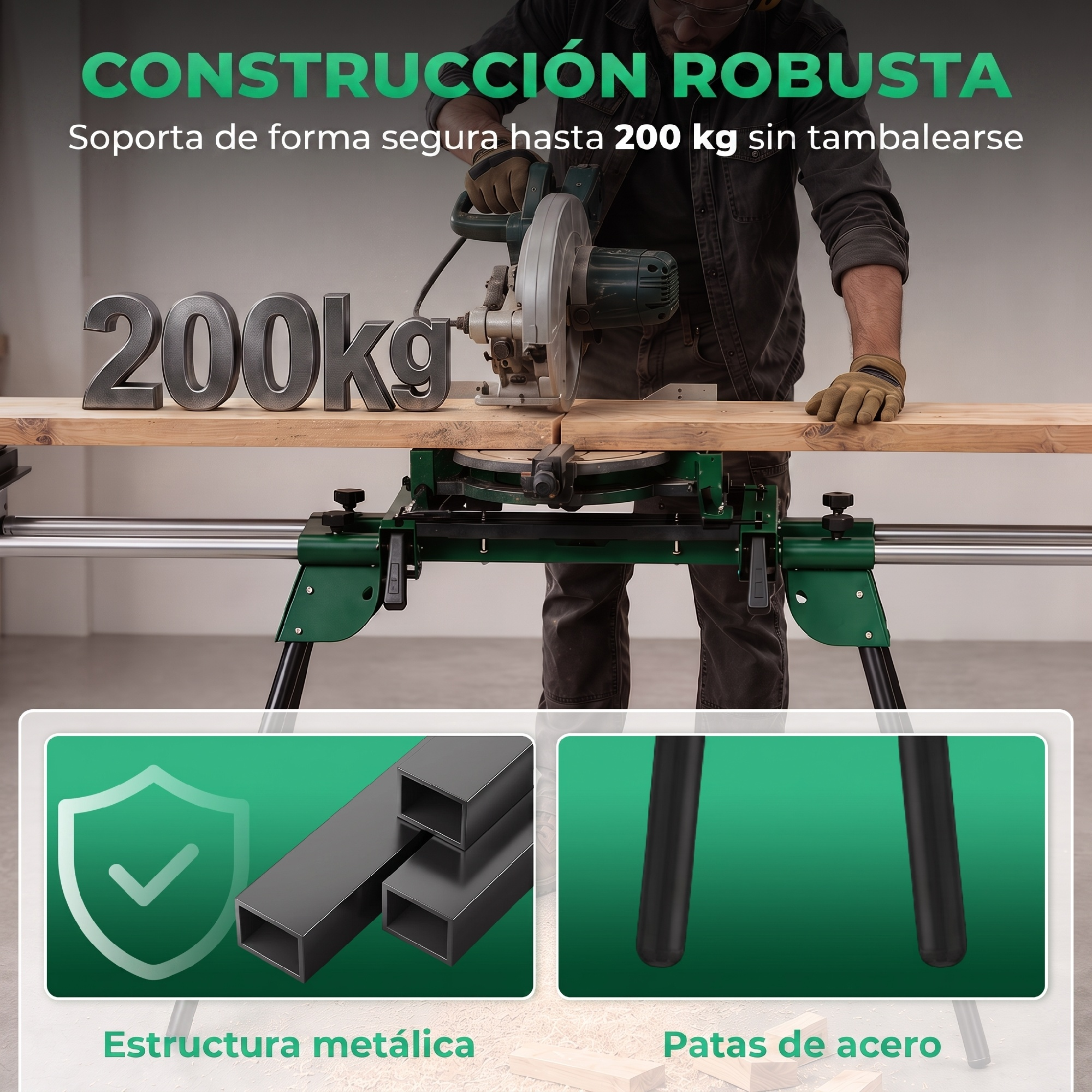 Un trabajador usa una sierra circular en un soporte verde resistente, destacando estructura metálica y patas de acero.