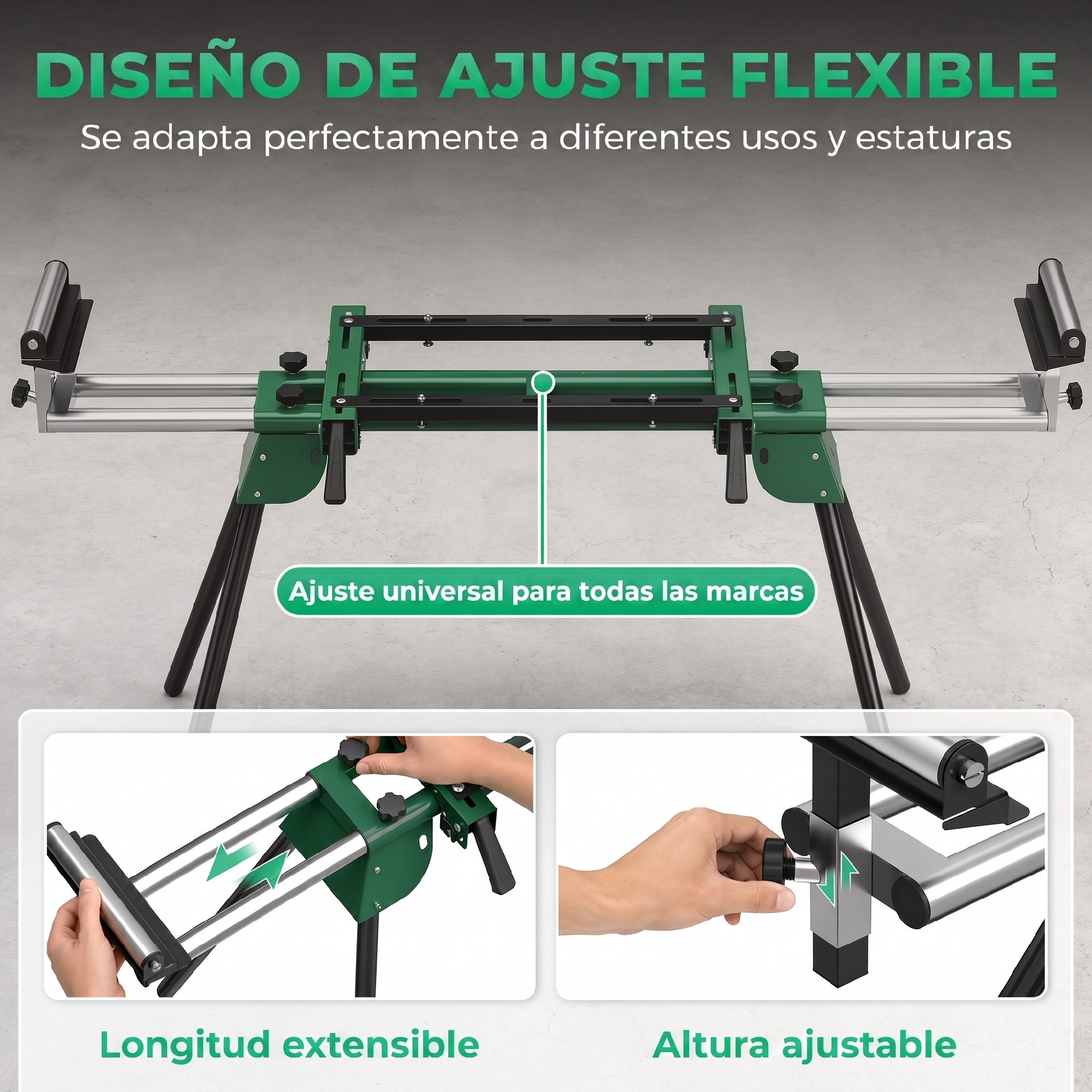 Soporte verde ajustable para ingletadora con longitud extensible y altura regulable.
