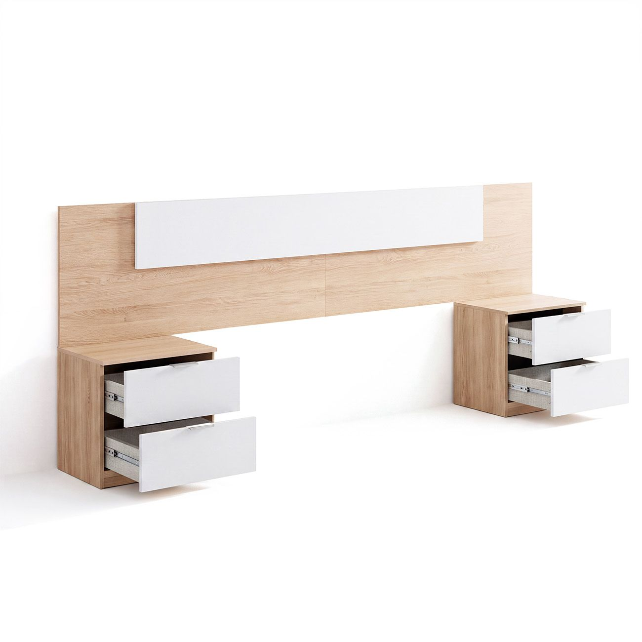 Un cabecero de madera con mesitas de noche integradas y cajones blancos abiertos sobre fondo blanco.
