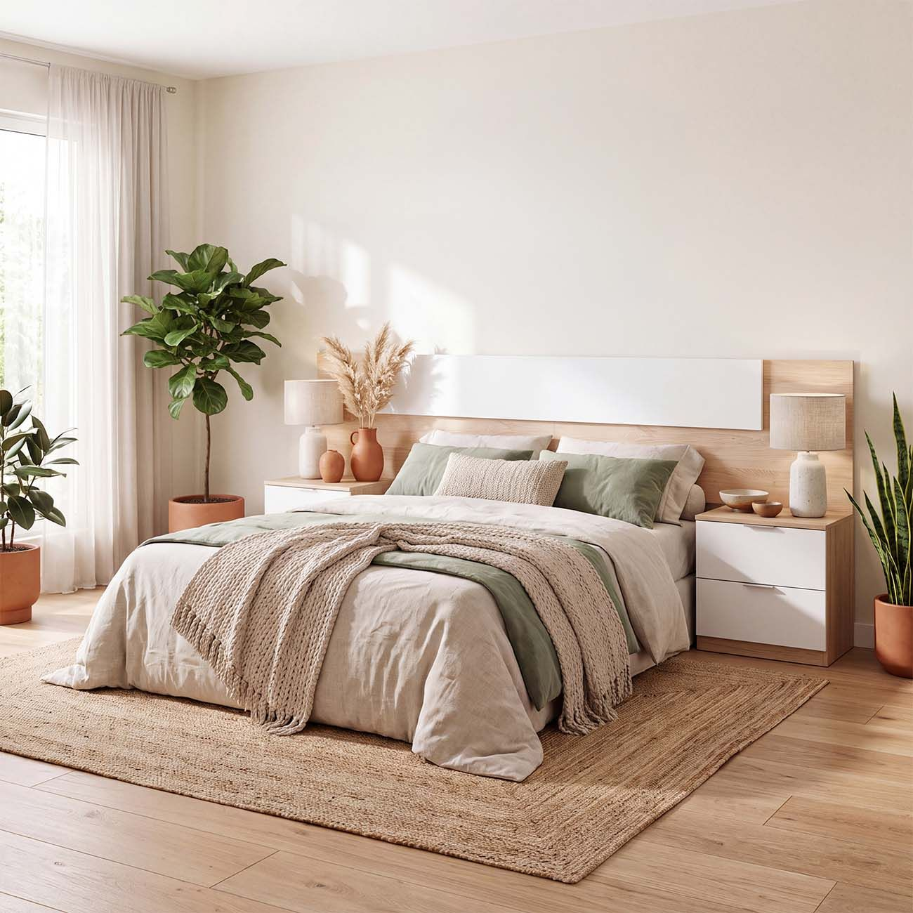 Un dormitorio luminoso con una cama de tonos verdes y beiges, lámparas, mesitas de noche y plantas en macetas.
