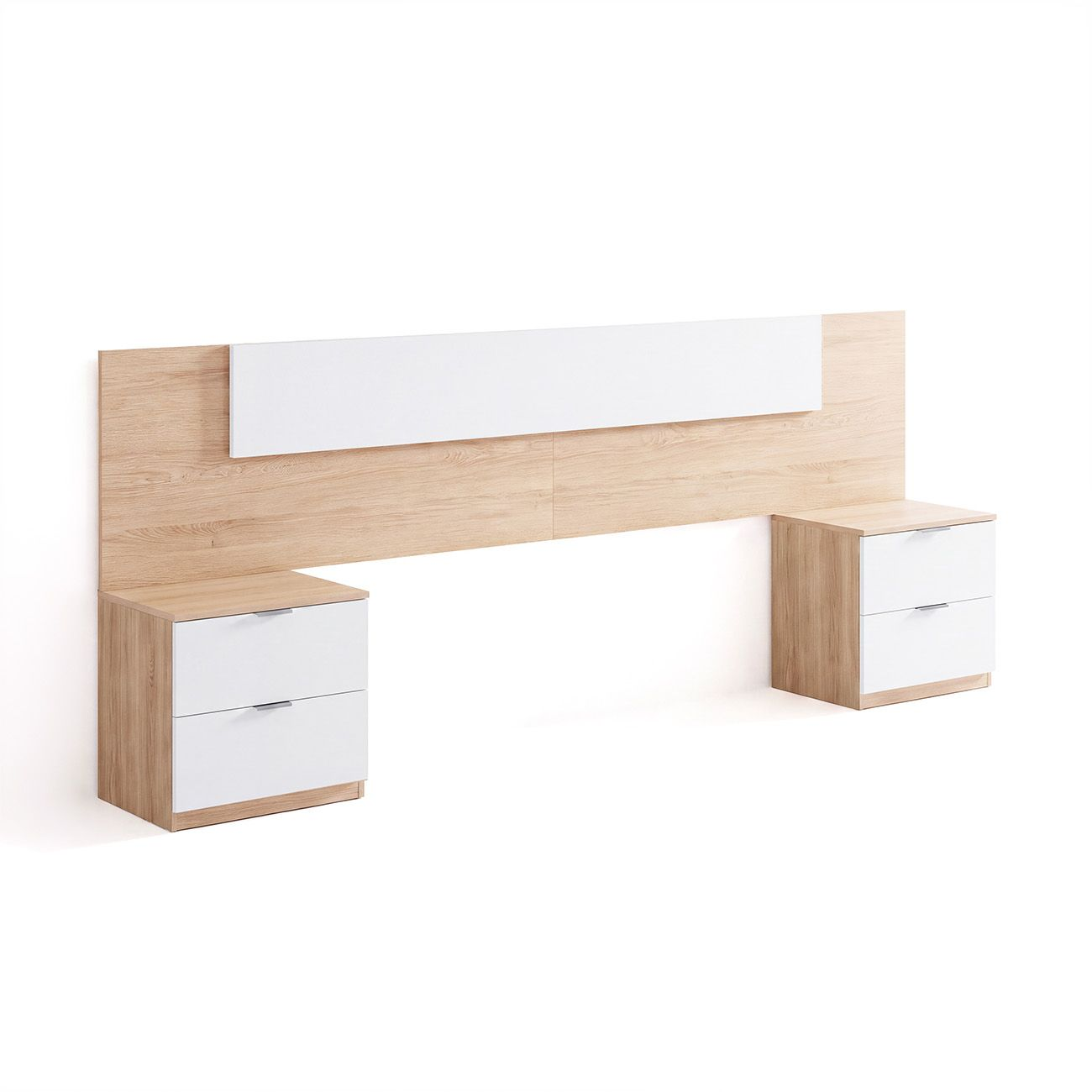Un cabecero de madera con dos mesitas de noche integradas, cada una con dos cajones blancos sobre fondo blanco.