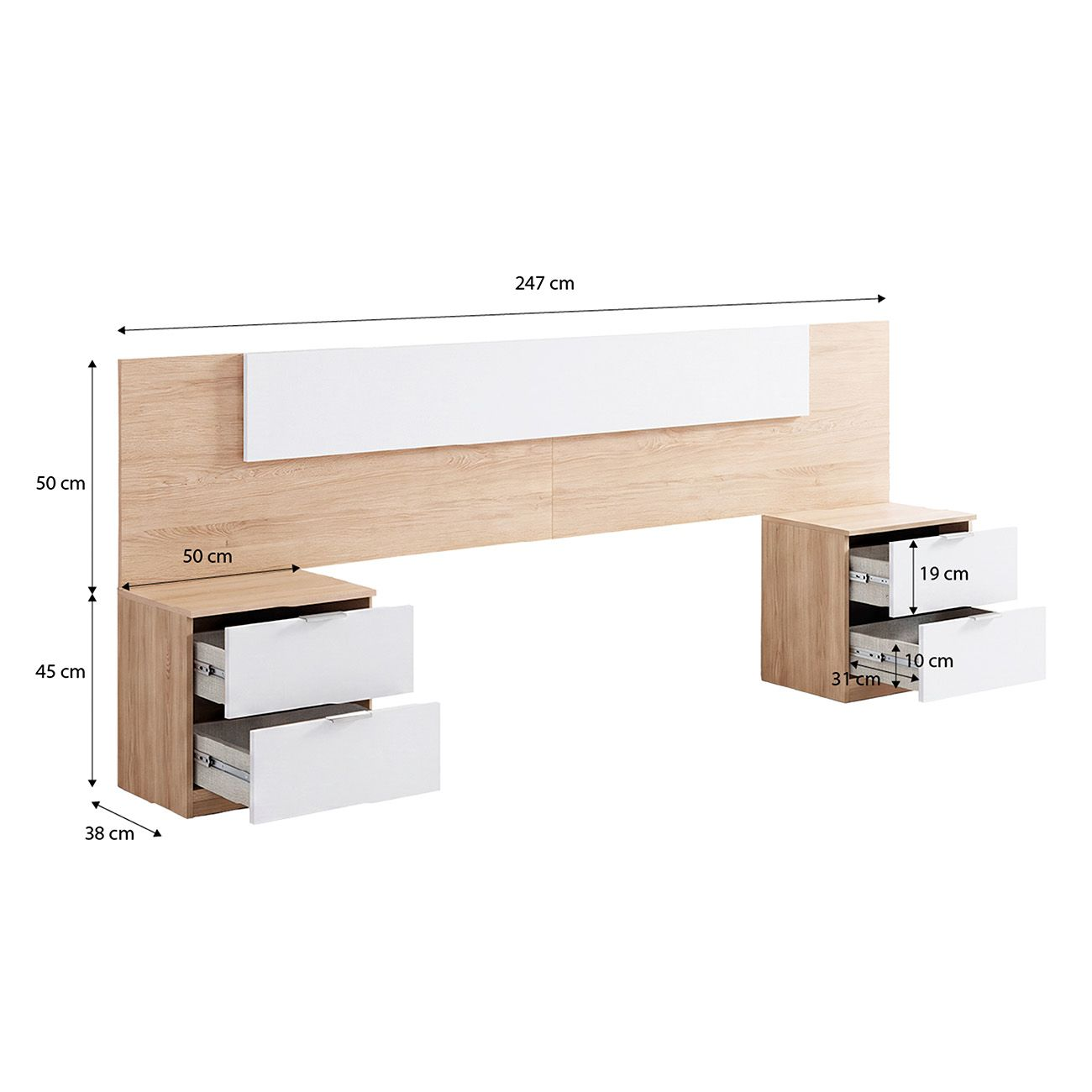 Cabecero de madera con panel blanco y dos mesitas flotantes con medidas en un fondo blanco.
