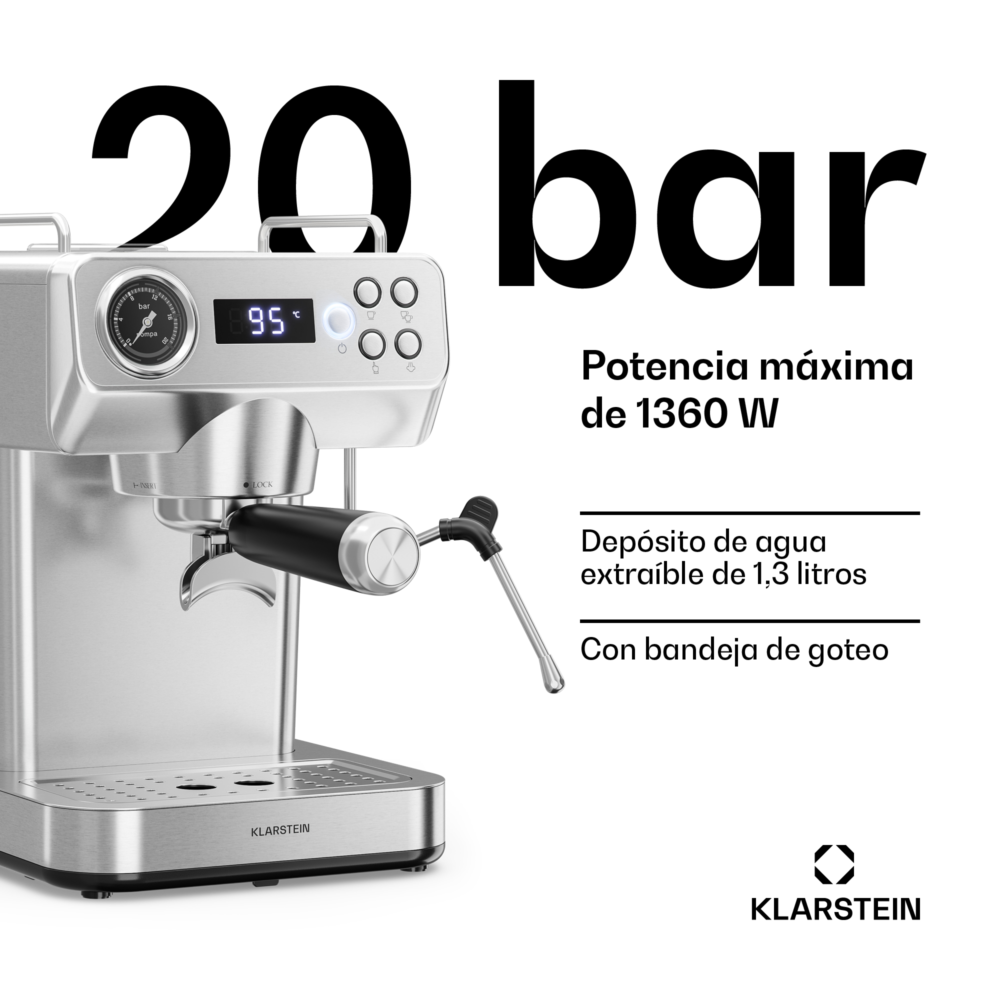 Eine silberne Klarstein Espressomaschine mit 20 bar und 1360 W Leistung vor weißem Hintergrund.