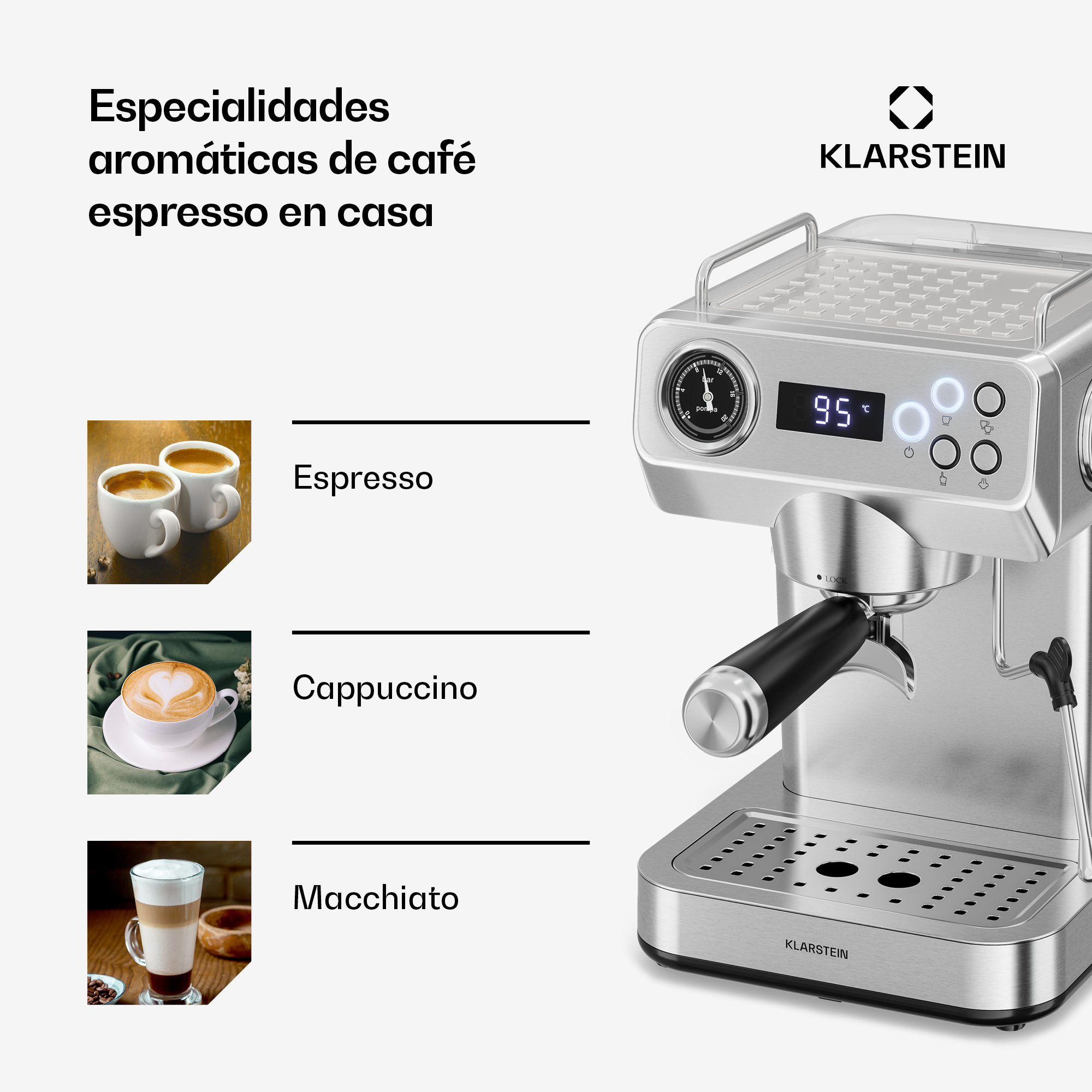 Eine silberne Klarstein-Espressomaschine neben Text und kleineren Fotos von Espresso, Cappuccino und Macchiato.