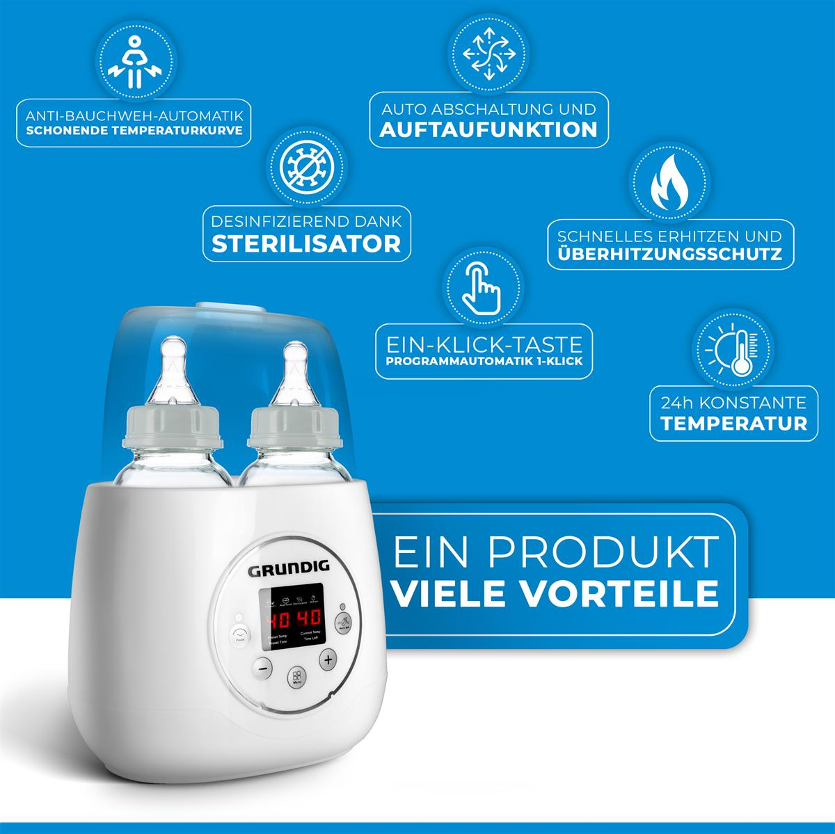 Un chauffe-biberon Grundig blanc avec deux biberons sur fond bleu et des icônes de caractéristiques.