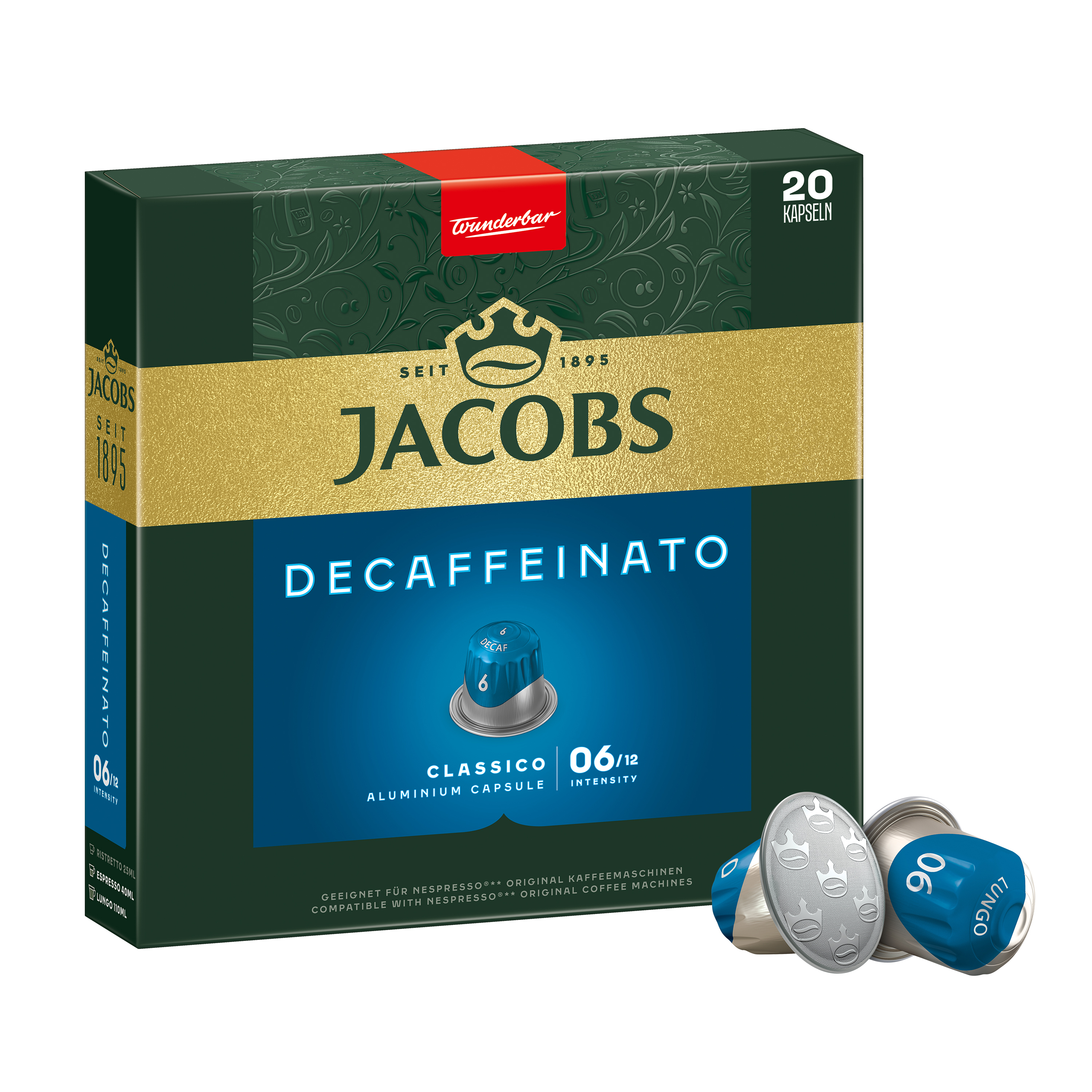 Grüne Jacobs Decaffeinato Kaffeekapselverpackung mit zwei blauen Kapseln davor.