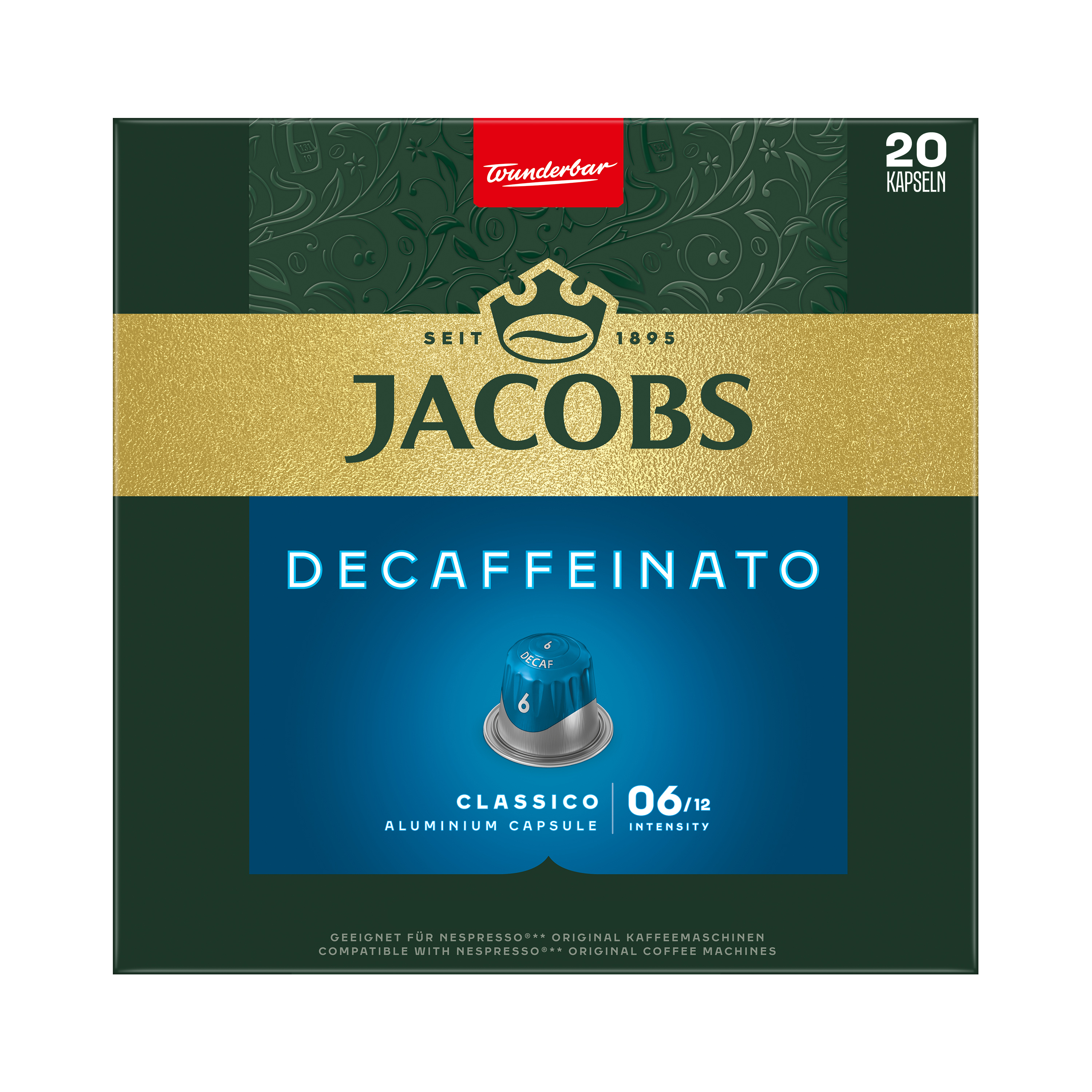 Jacobs Decaffeinato Kaffeekapselverpackung, dunkelgrün und gold, mit 20 Kapseln und Intensität 6.