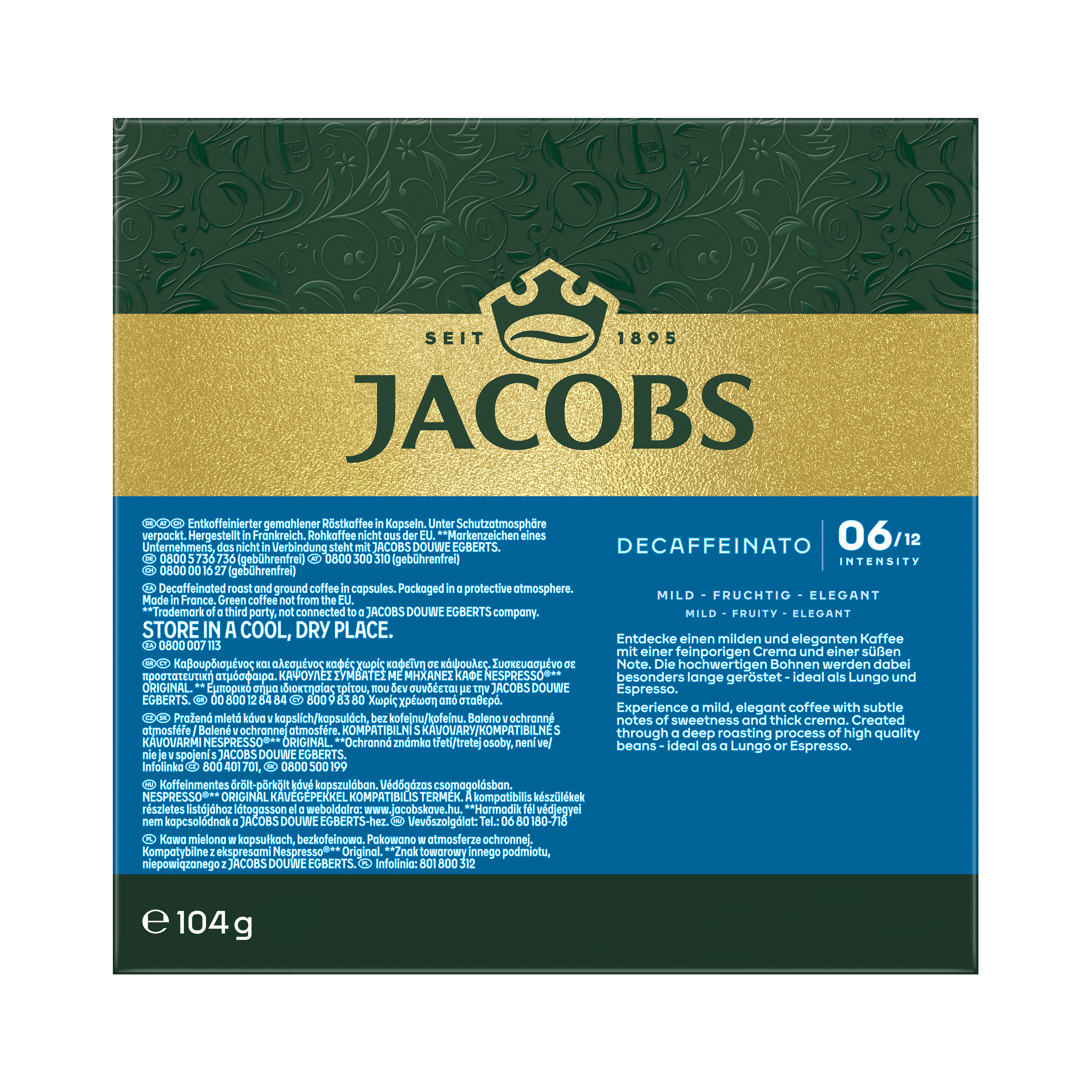 Jacobs Decaffeinato Kaffeekapselverpackung in Grün, Gold und Blau.