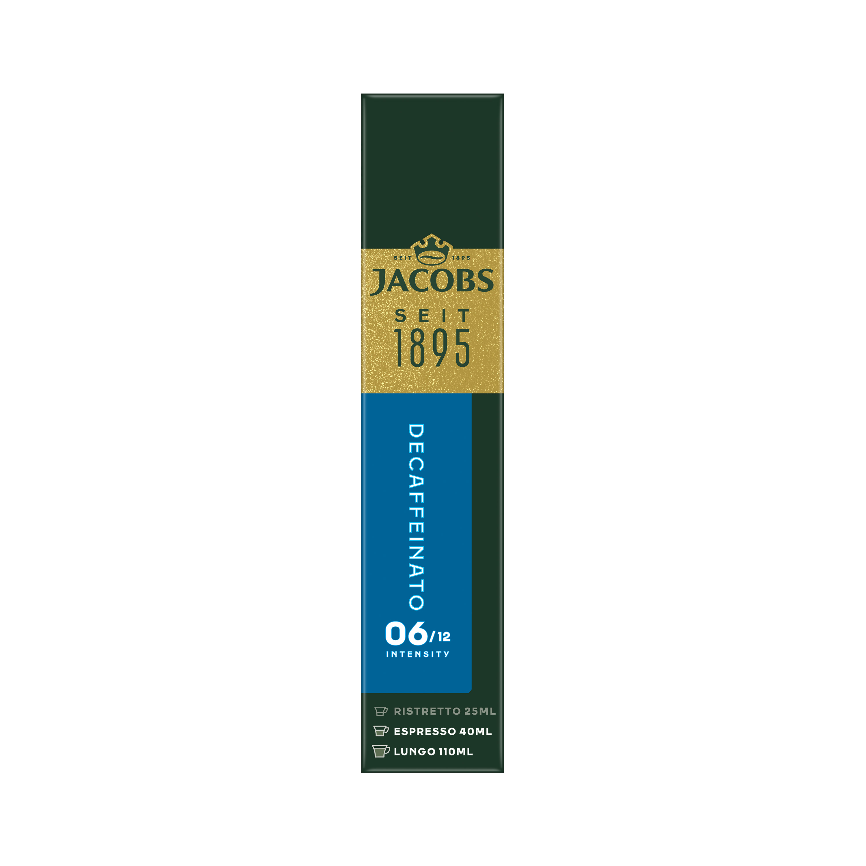Eine grüne Jacobs Decaffeinato Kaffeekapselpackung mit goldenem Logo und blauem Akzentstreifen.
