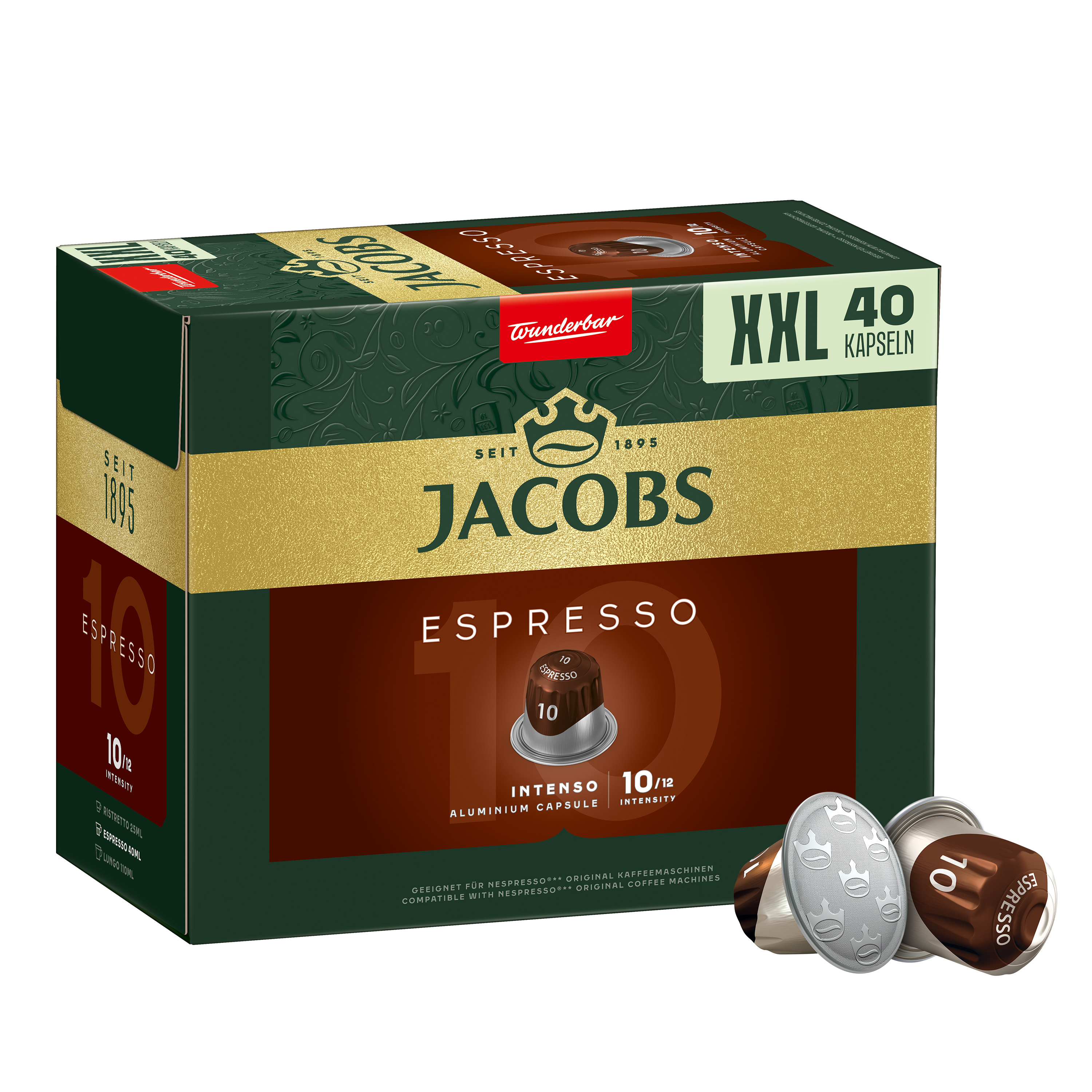 Jacobs Espresso Intenso XXL Kaffeekapseln Verpackung mit zwei Kapseln vorne.