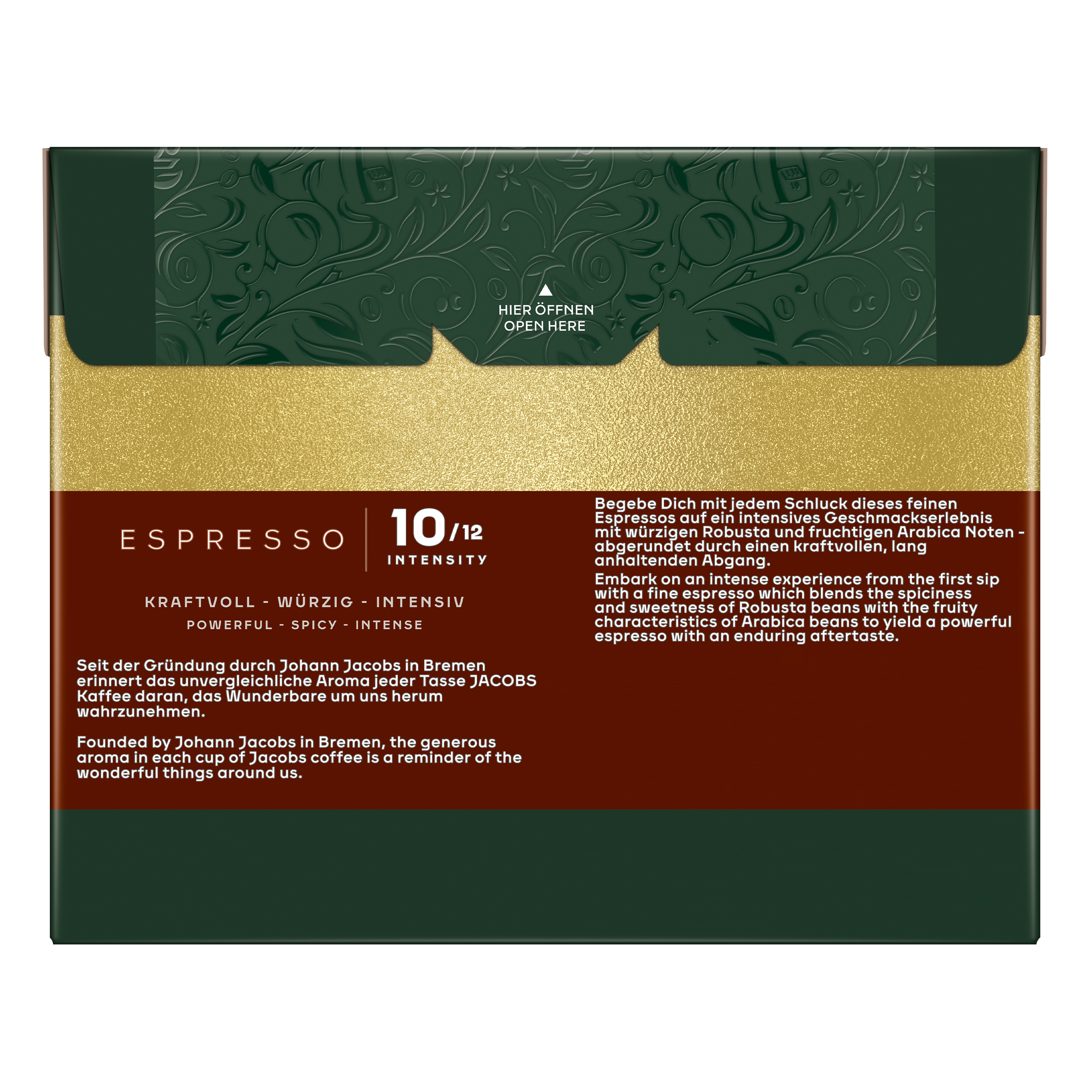 Jacobs Espresso-Kaffeeverpackung, dunkelgrün und gold, mit Kaffeebohnenmuster, Intensität 10 von 12, Text in Deutsch und Englisch.