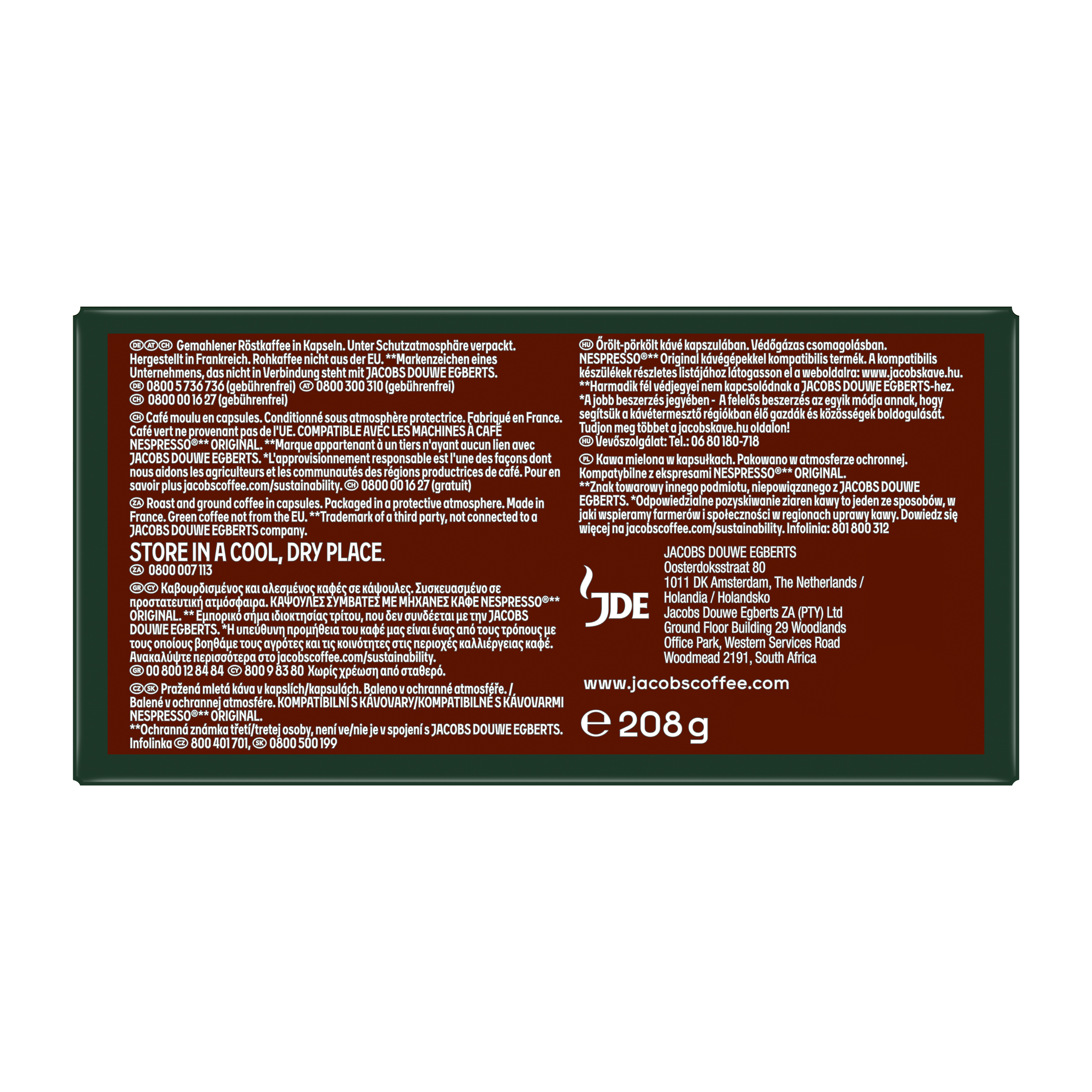 Rückseite einer Jacobs Kaffeekapselverpackung mit Text, Herstellerangaben und Kontaktdaten.