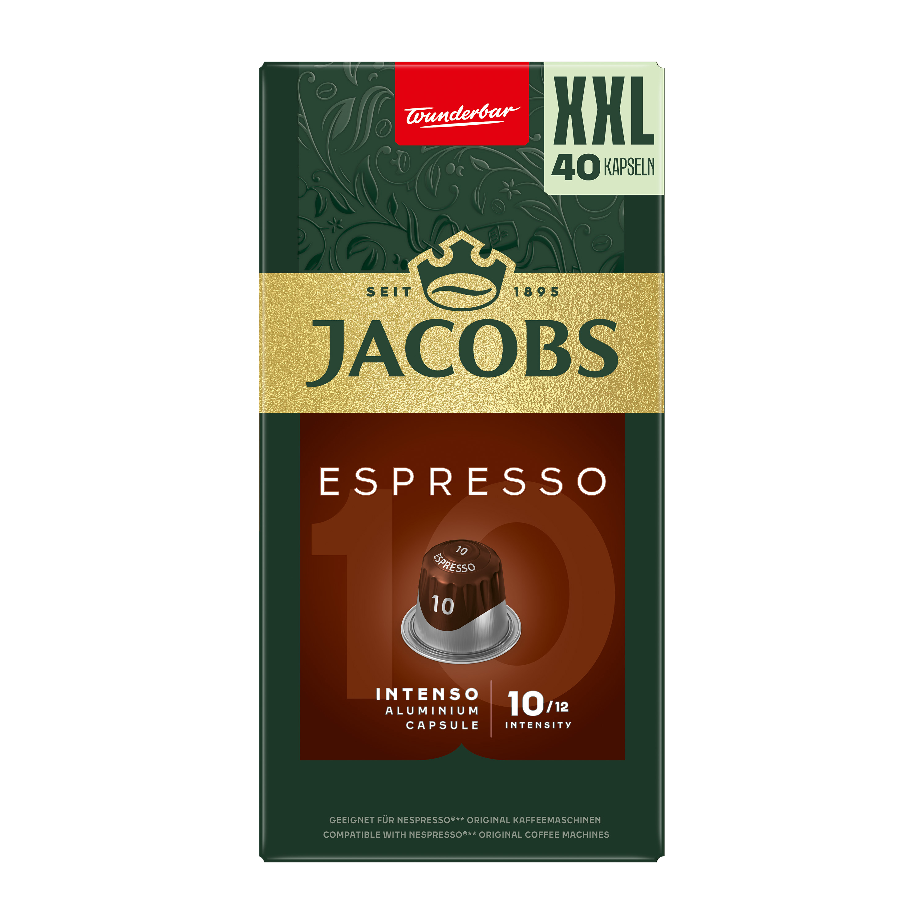 Jacobs Espresso Intenso Kaffee-Kapselpackung mit 40 Kapseln auf grünem Hintergrund.
