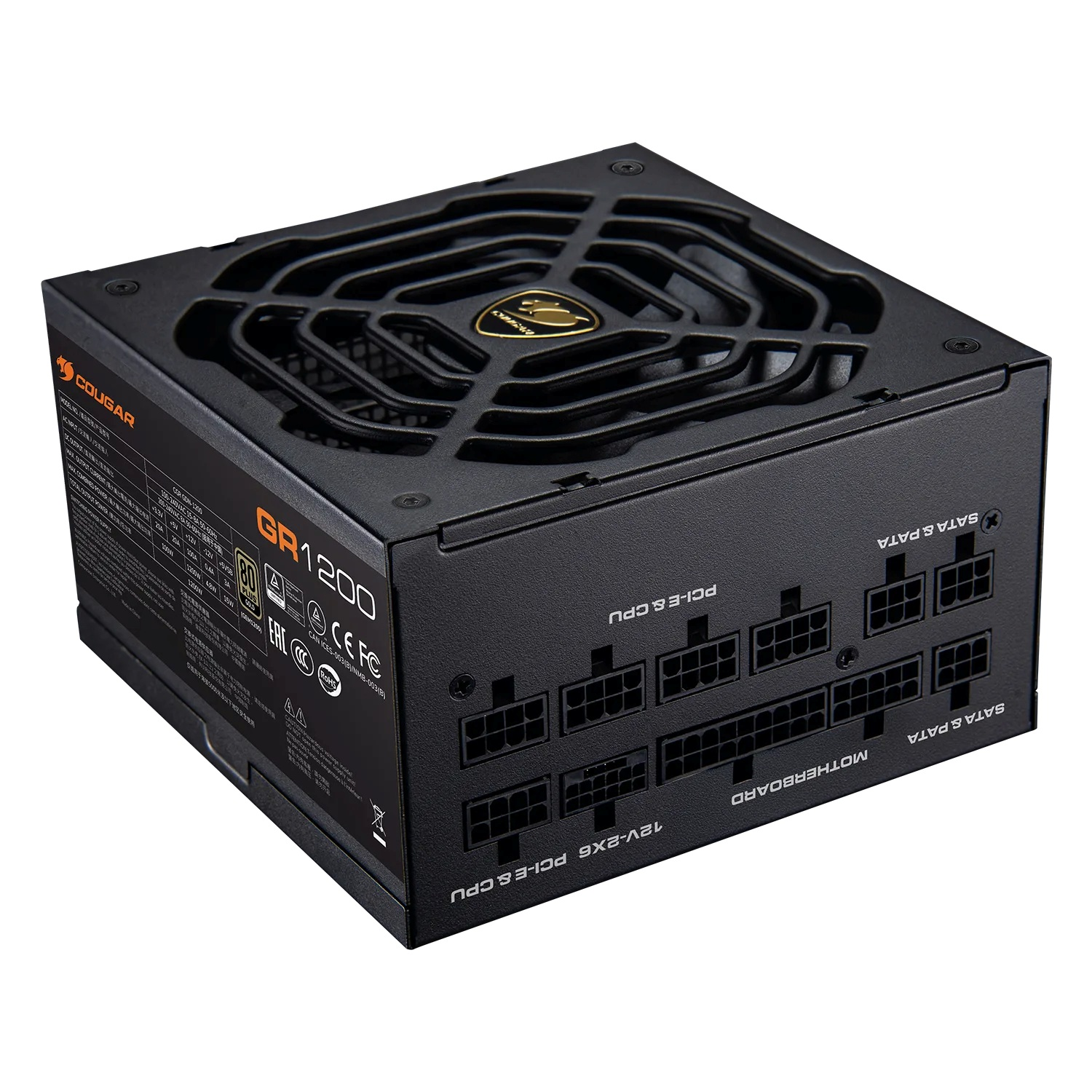 Schwarzes Cougar GR1200 PC-Netzteil mit modulareren Anschlüssen und Lüftungsgitter auf weißem Hintergrund.