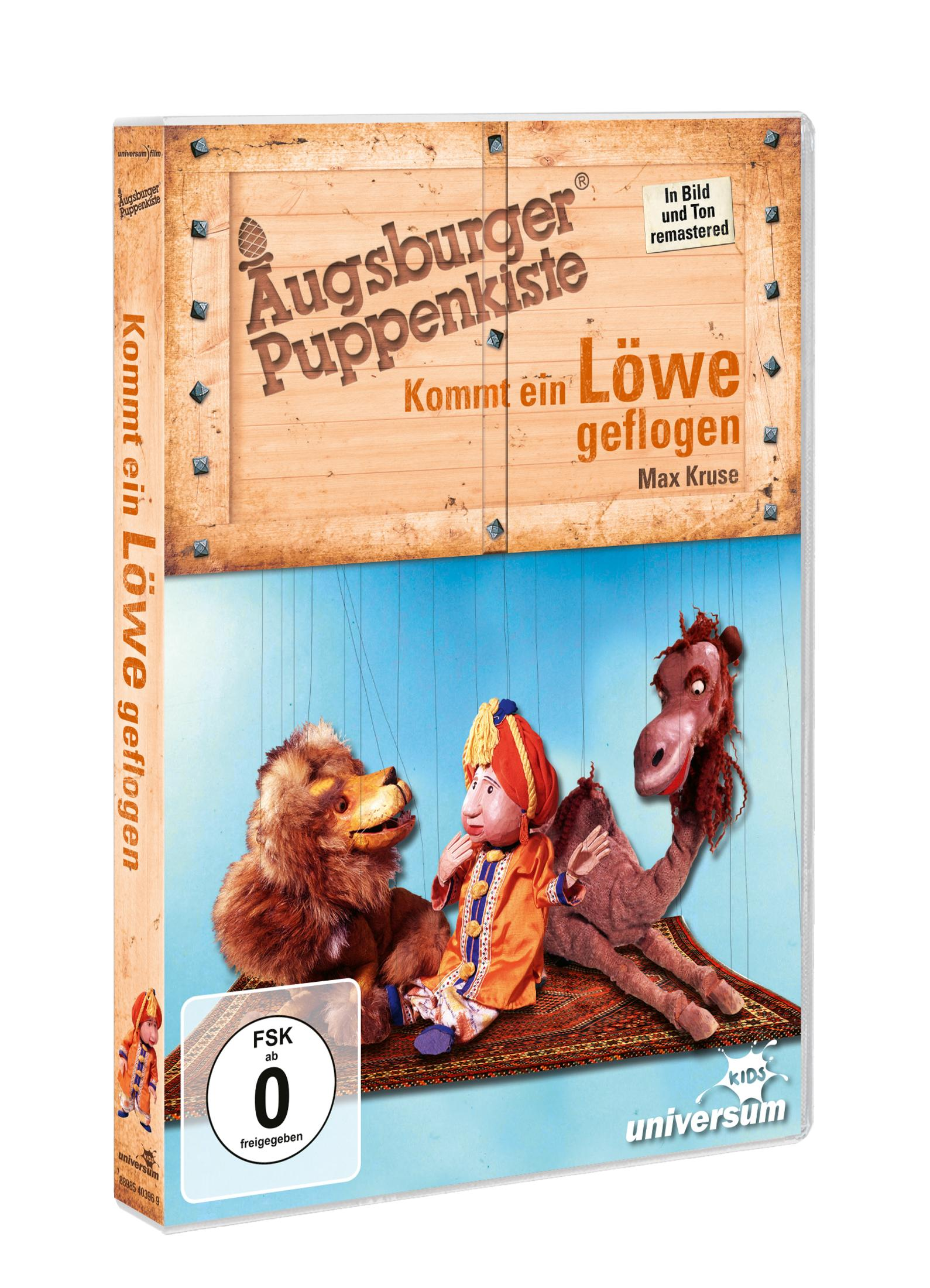 DVD-Cover von Augsburger Puppenkiste mit Löwen, Puppe und Kamel auf einem fliegenden Teppich vor blauem Himmel.