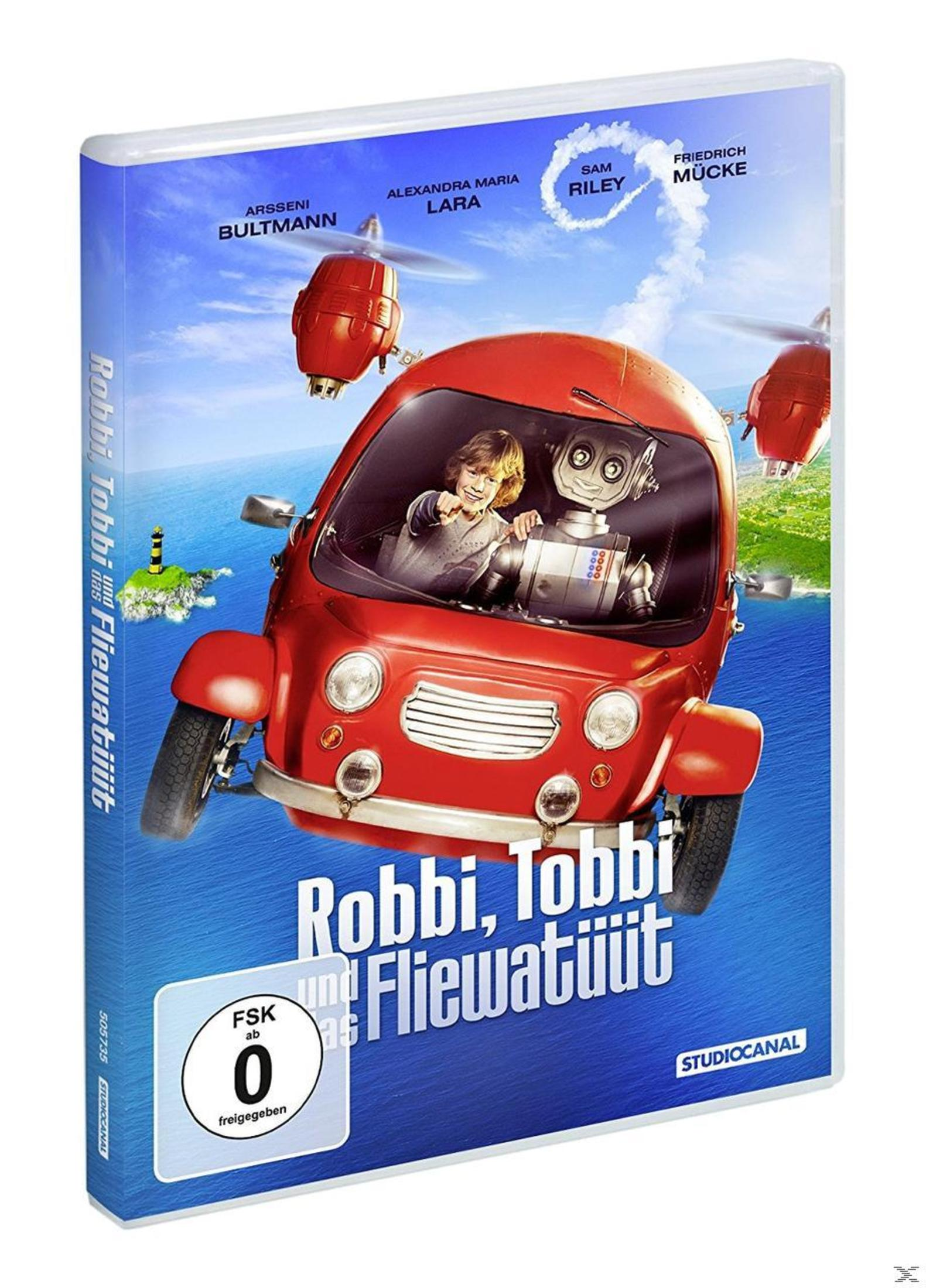 DVD-Cover von Robbi, Tobbi und das Fliewatüüt mit einem Jungen und Roboter in einem roten fliegenden Auto über dem Meer.