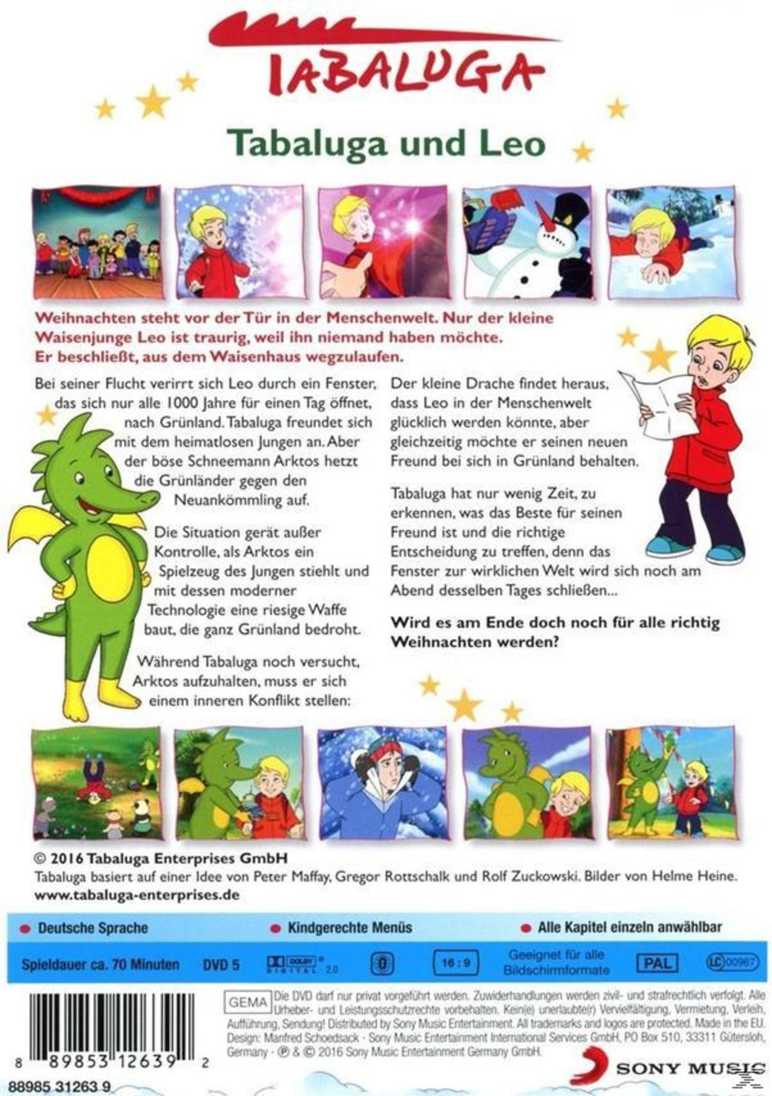 DVD-Cover von Tabaluga und Leo mit grünem Drachen, blondem Jungen, Szenenbildern, Text und Barcode unten.