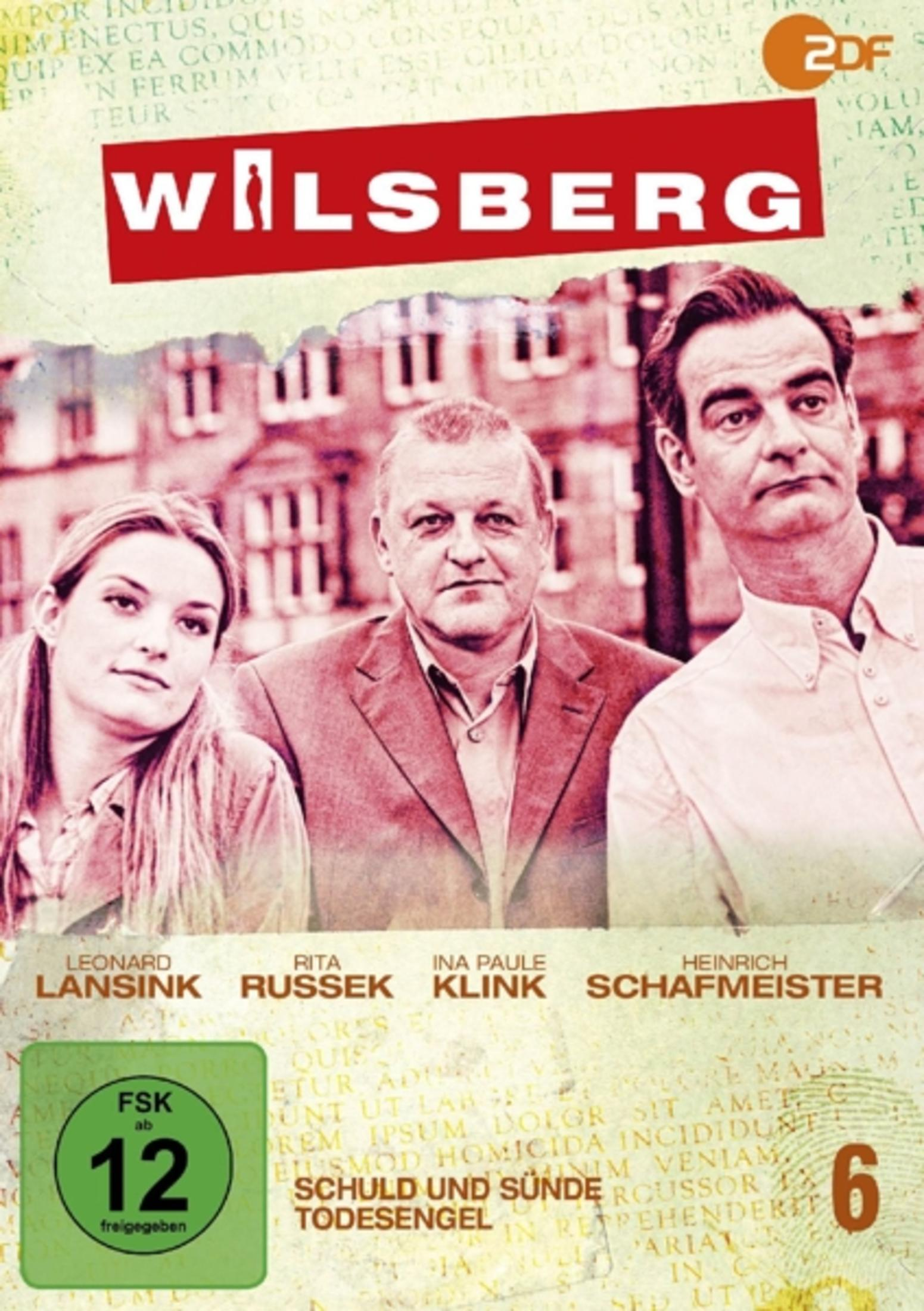 DVD-Cover der Serie Wilsberg mit drei Personen im Vordergrund, roten Akzenten und FSK 12 Logo.