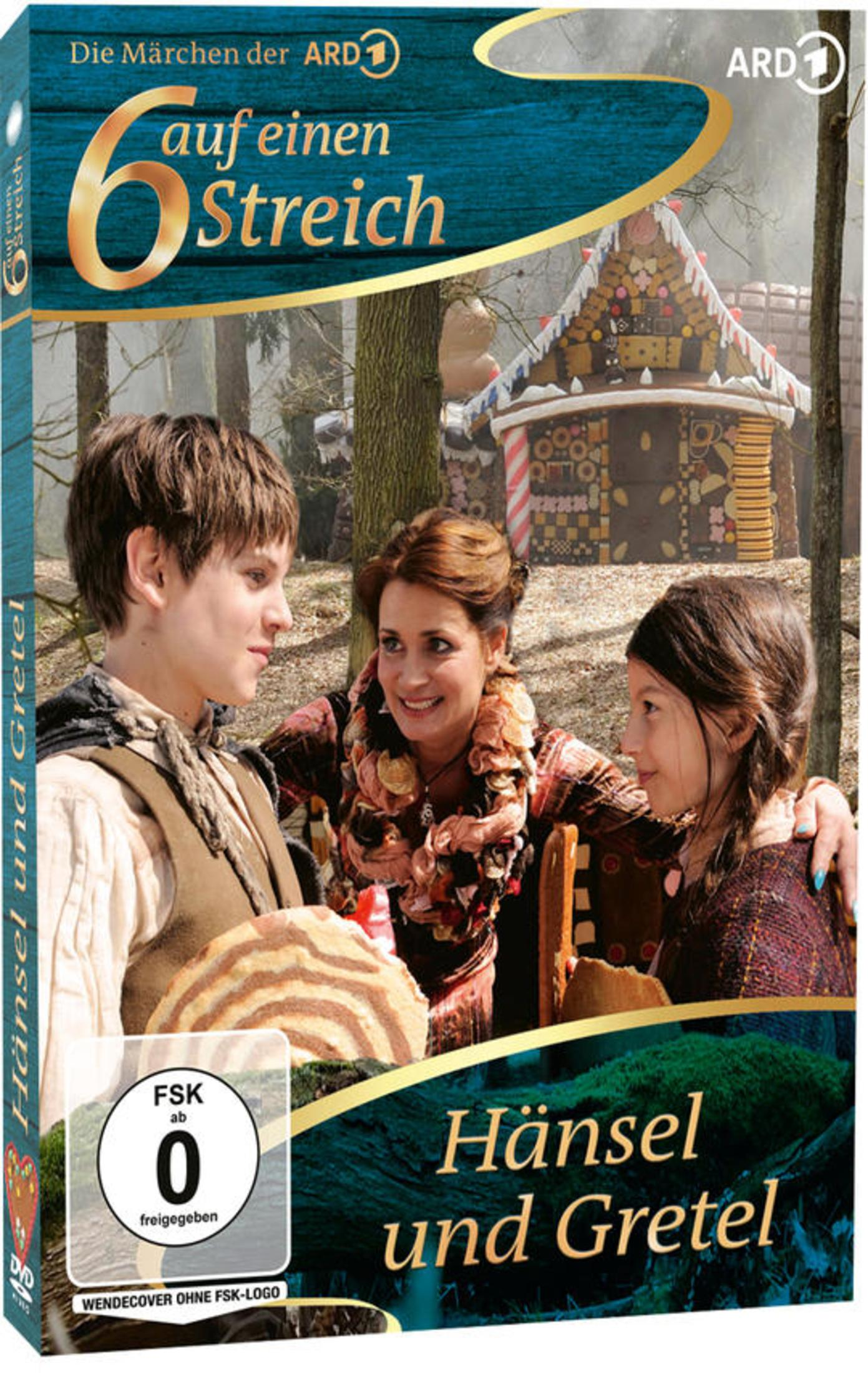 Filmcover von Hänsel und Gretel mit drei Personen und einem Lebkuchenhaus im Wald.