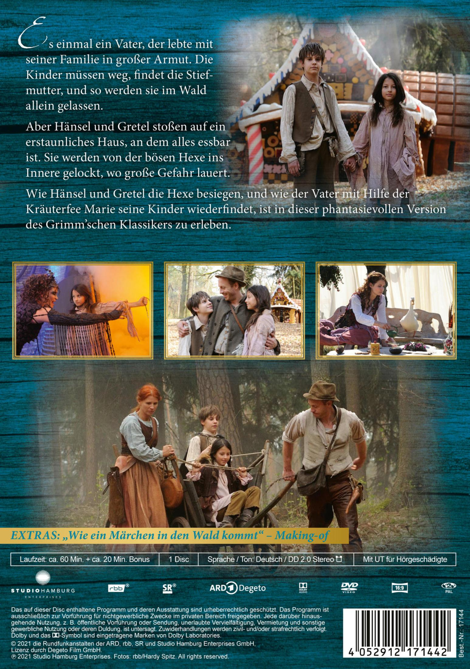 DVD-Cover von Hänsel und Gretel mit Szenenbildern, Text und einem Barcode.