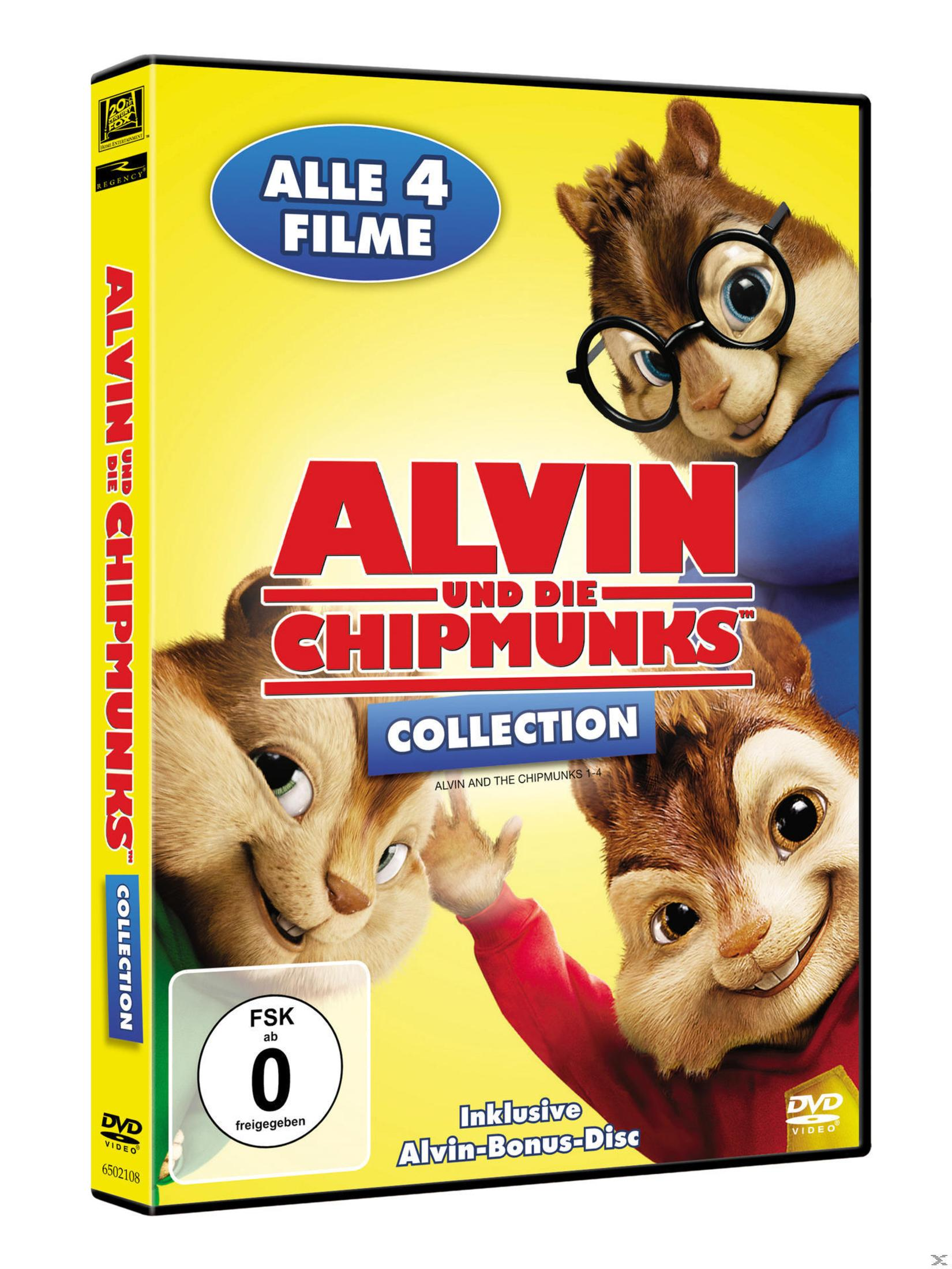 DVD-Hülle der Alvin und die Chipmunks Collection mit drei Streifenhörnchen vor gelbem Hintergrund.