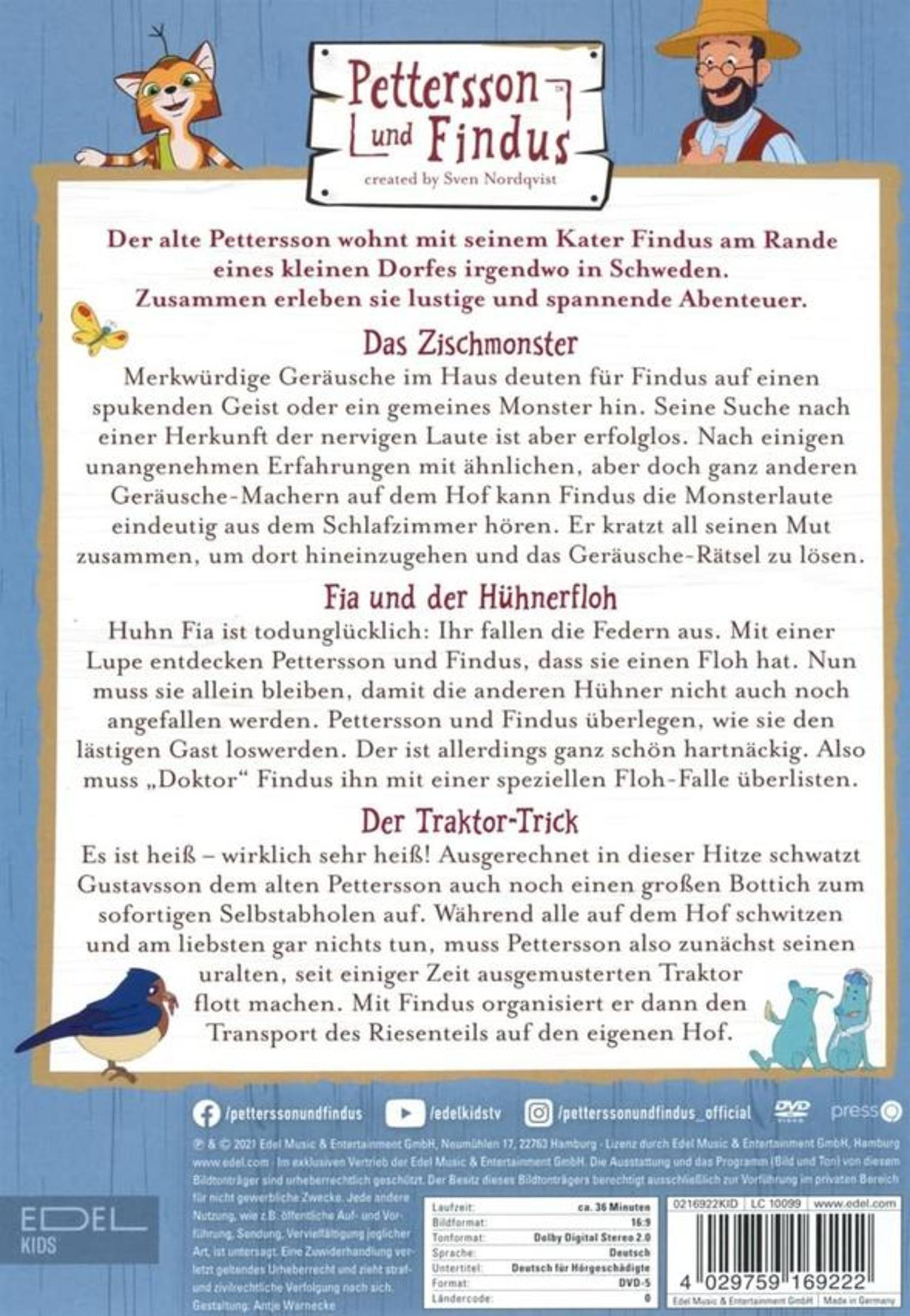 DVD-Rückseite von Pettersson und Findus mit deutschen Texten, Bildern und Logo von Edel Kids.
