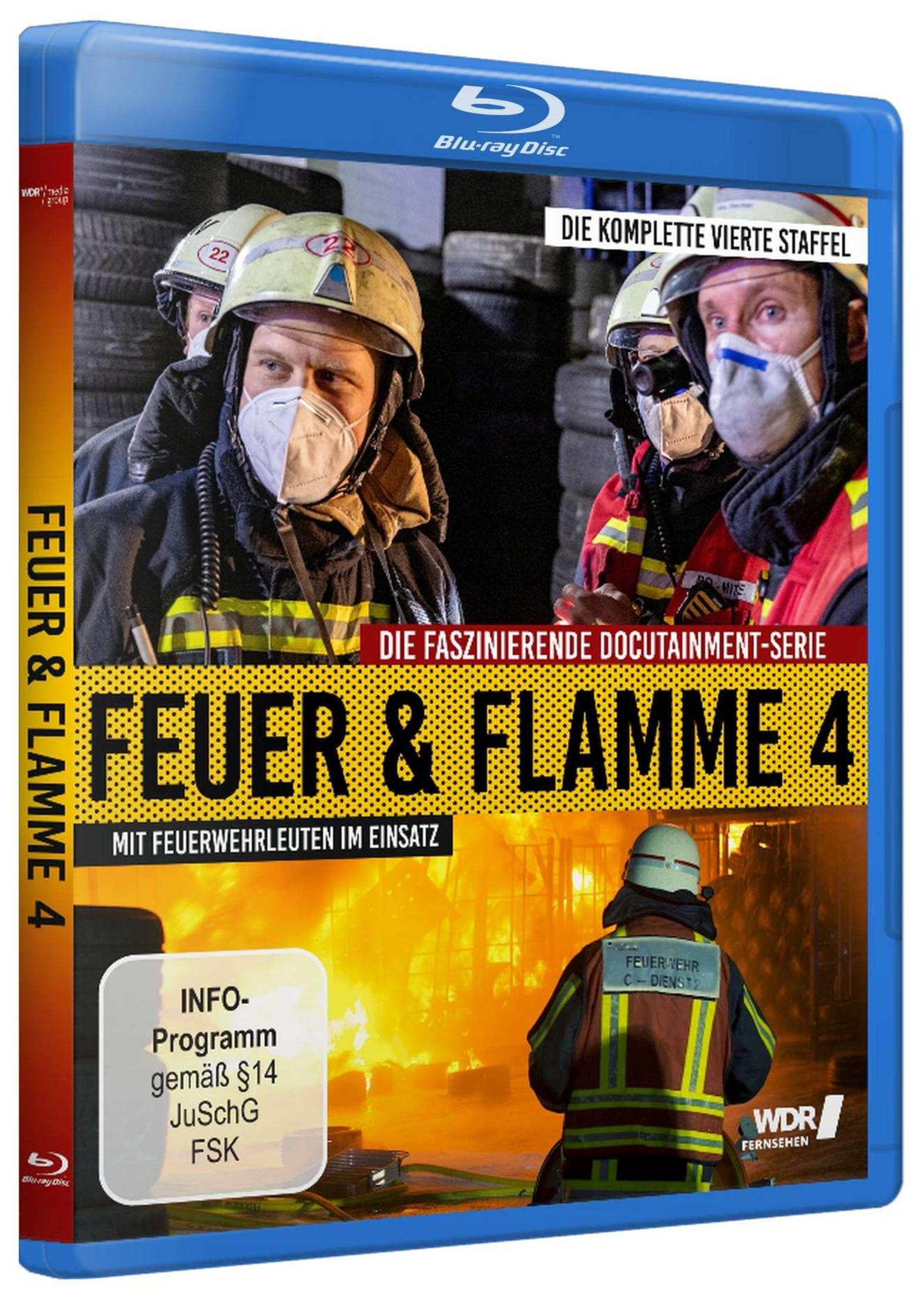 Blu-ray-Hülle von Feuer & Flamme 4 mit Feuerwehrleuten und einem brennenden Hintergrund.