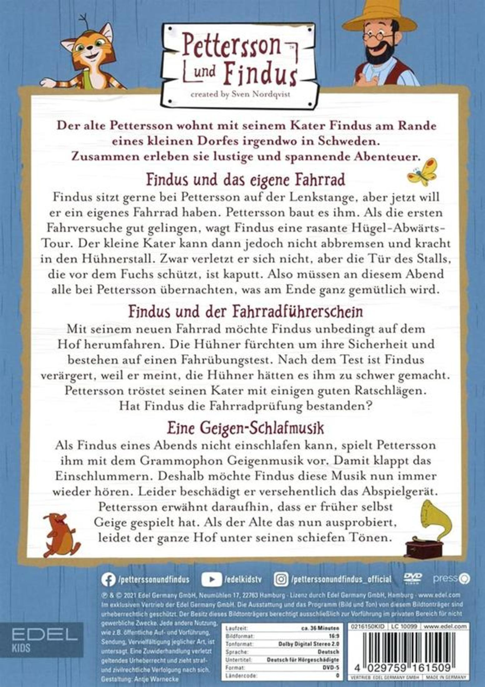 DVD-Rückseite mit Pettersson- und Findus-Illustrationen, Texten und technischen Details.