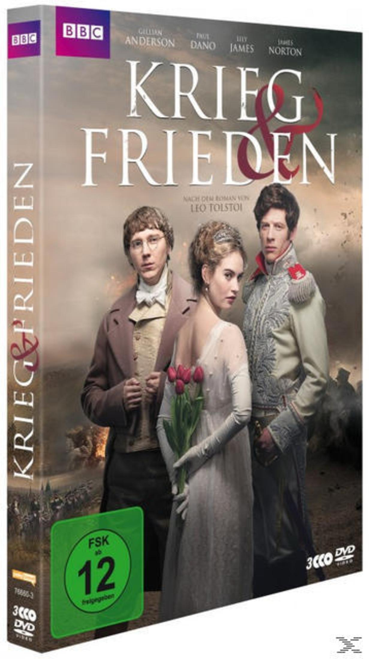 DVD-Cover von Krieg & Frieden mit drei historischen Figuren vor einer Schlachtfeld-Kulisse.