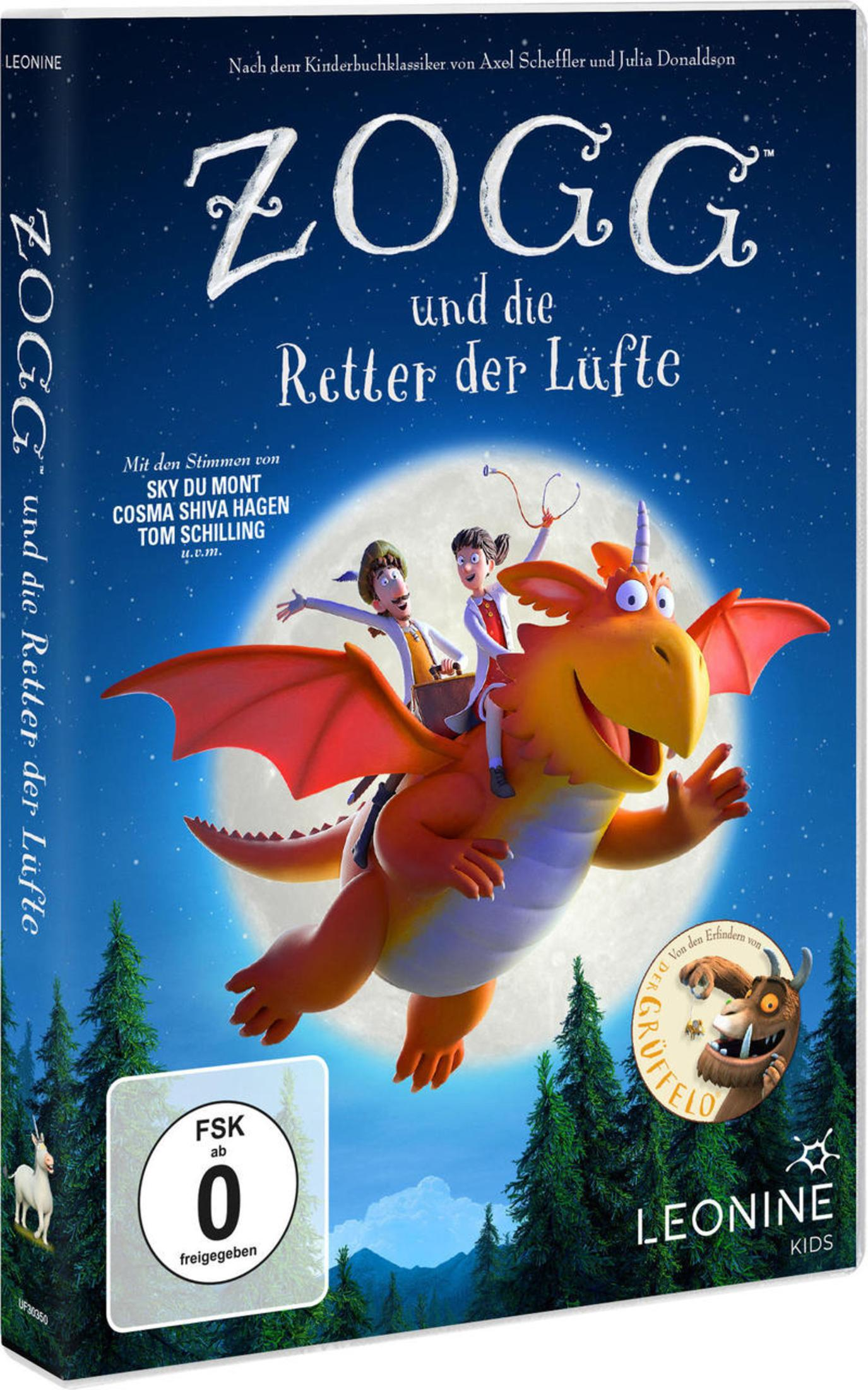 Animiertes DVD-Cover von Zogg und die Retter der Lüfte fliegt vor Vollmond über einem Wald.