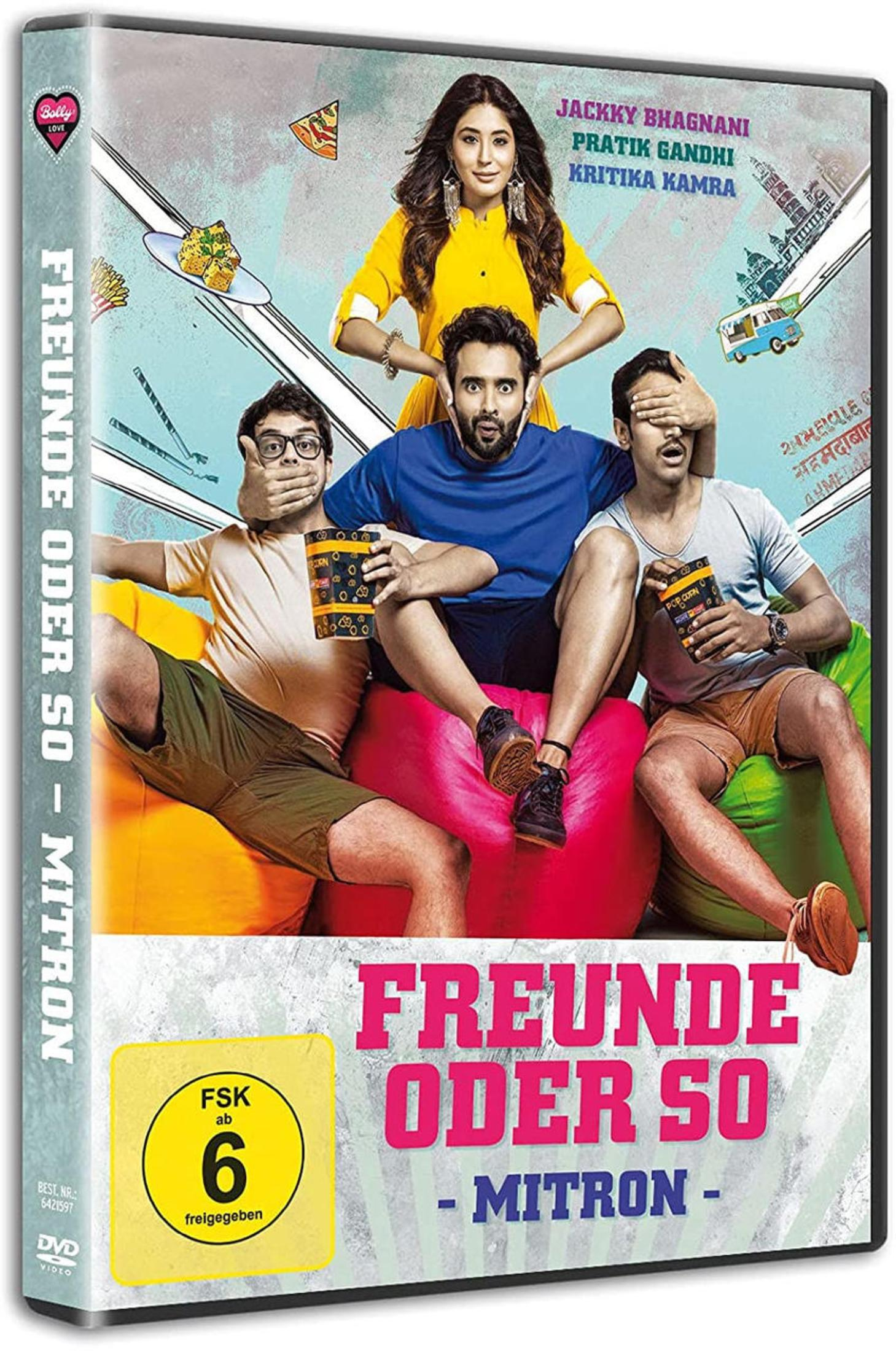 DVD-Cover zeigt eine Frau, die drei Männer auf bunten Sitzsäcken hält, die Augen und Mund bedecken.