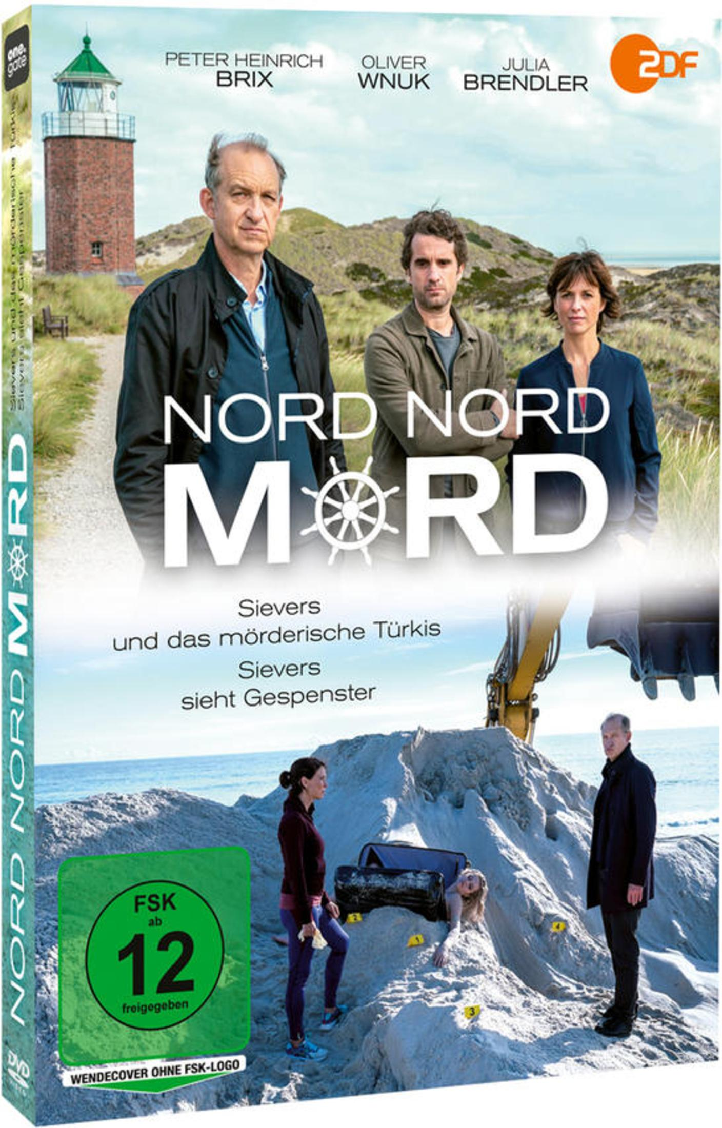 DVD-Cover für Nord Nord Mord mit drei Schauspielern und einem Strand-Tatort mit Bagger und Leuchtturm.