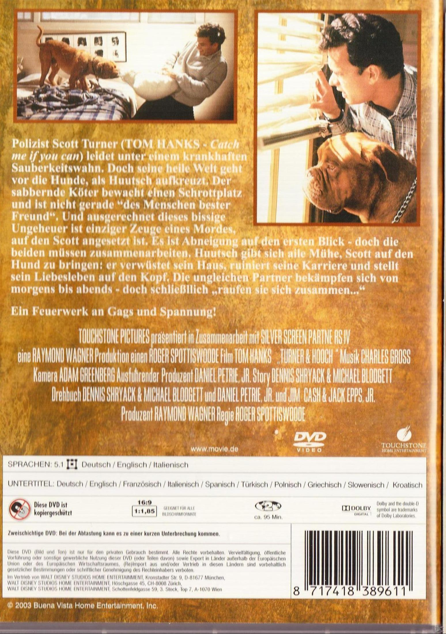 Rückseite einer DVD-Hülle des Films Turner und Hooch mit Tom Hanks und einem Hund.