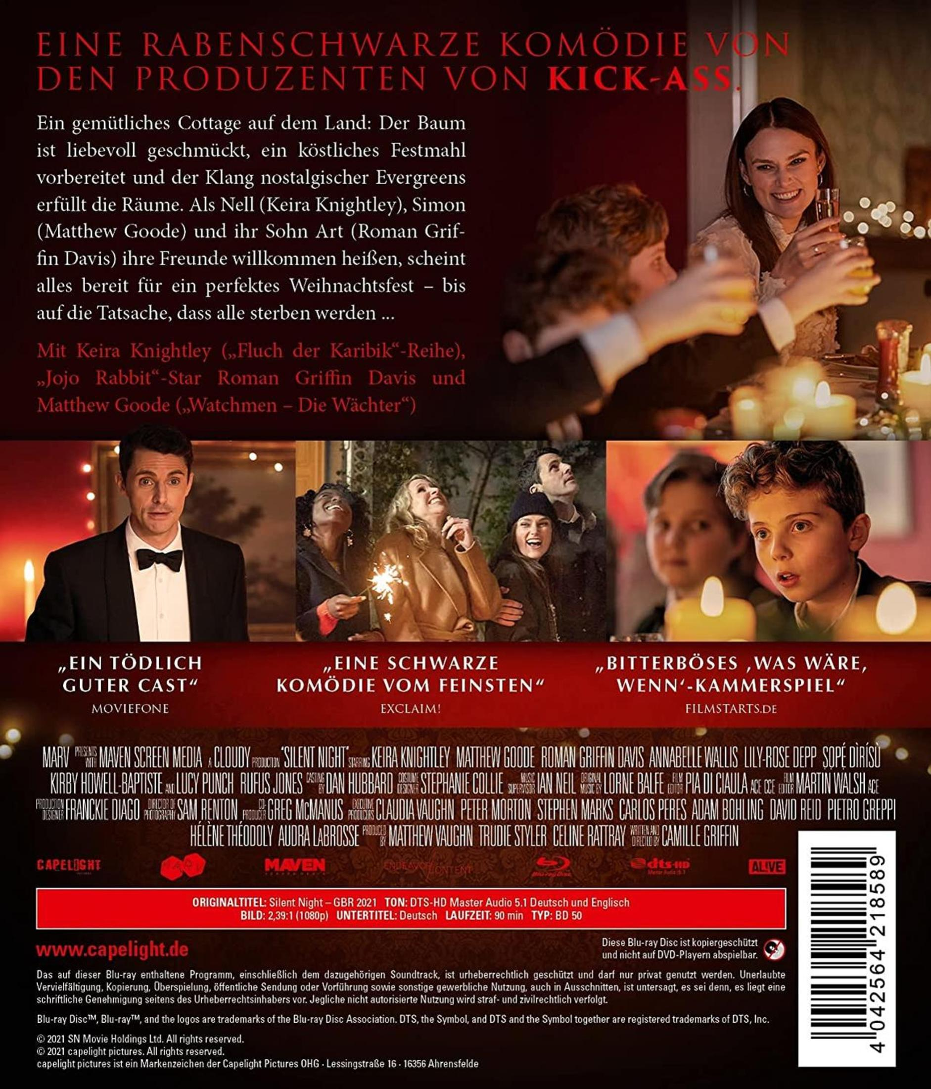 DVD-Rückseite mit Szenenbildern, Cast-Informationen, Text und Barcode von Silent Night.