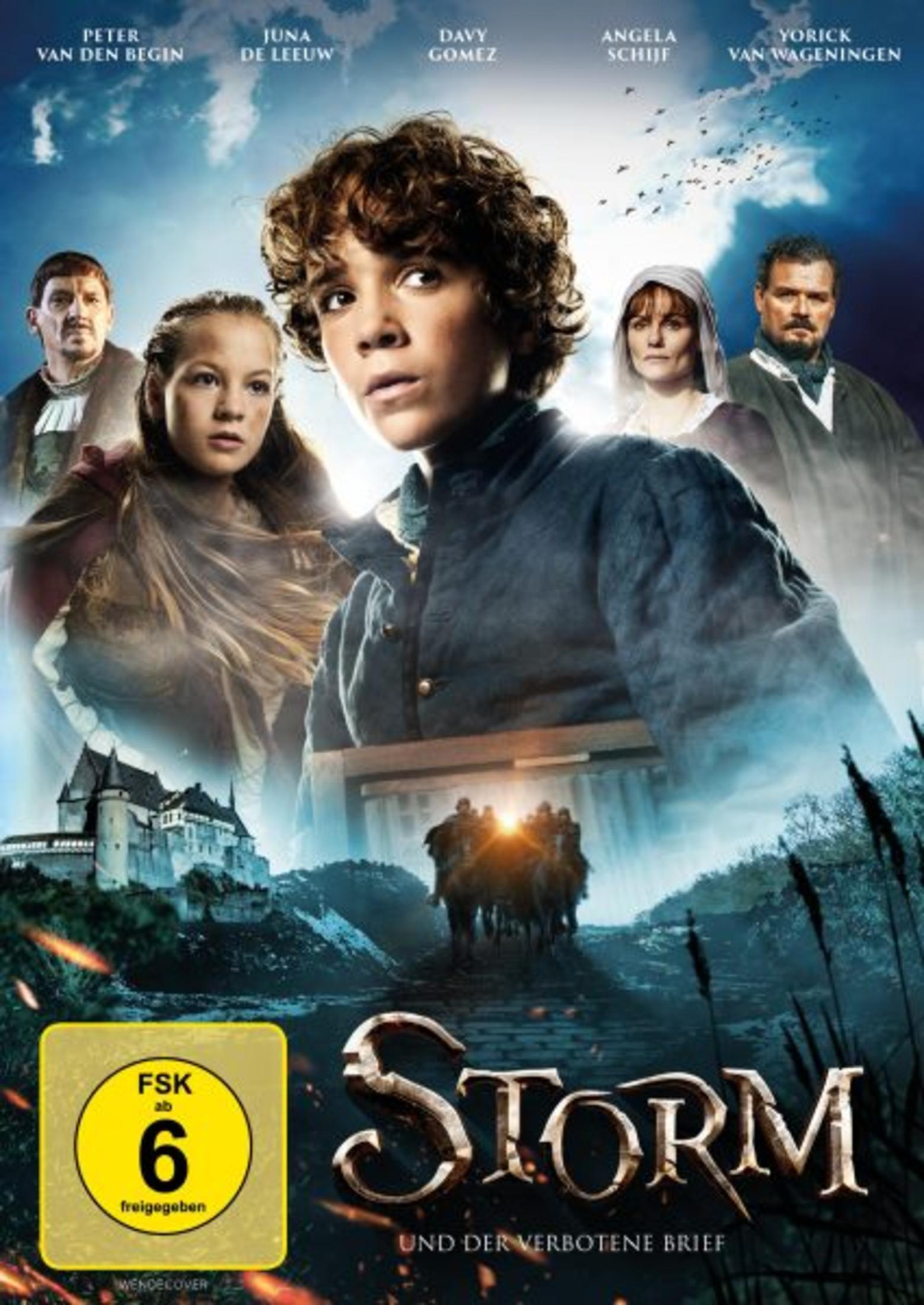 Filmposter von Storm und der verbotene Brief, mit Hauptdarstellern im Vordergrund und einer Burg im Hintergrund.