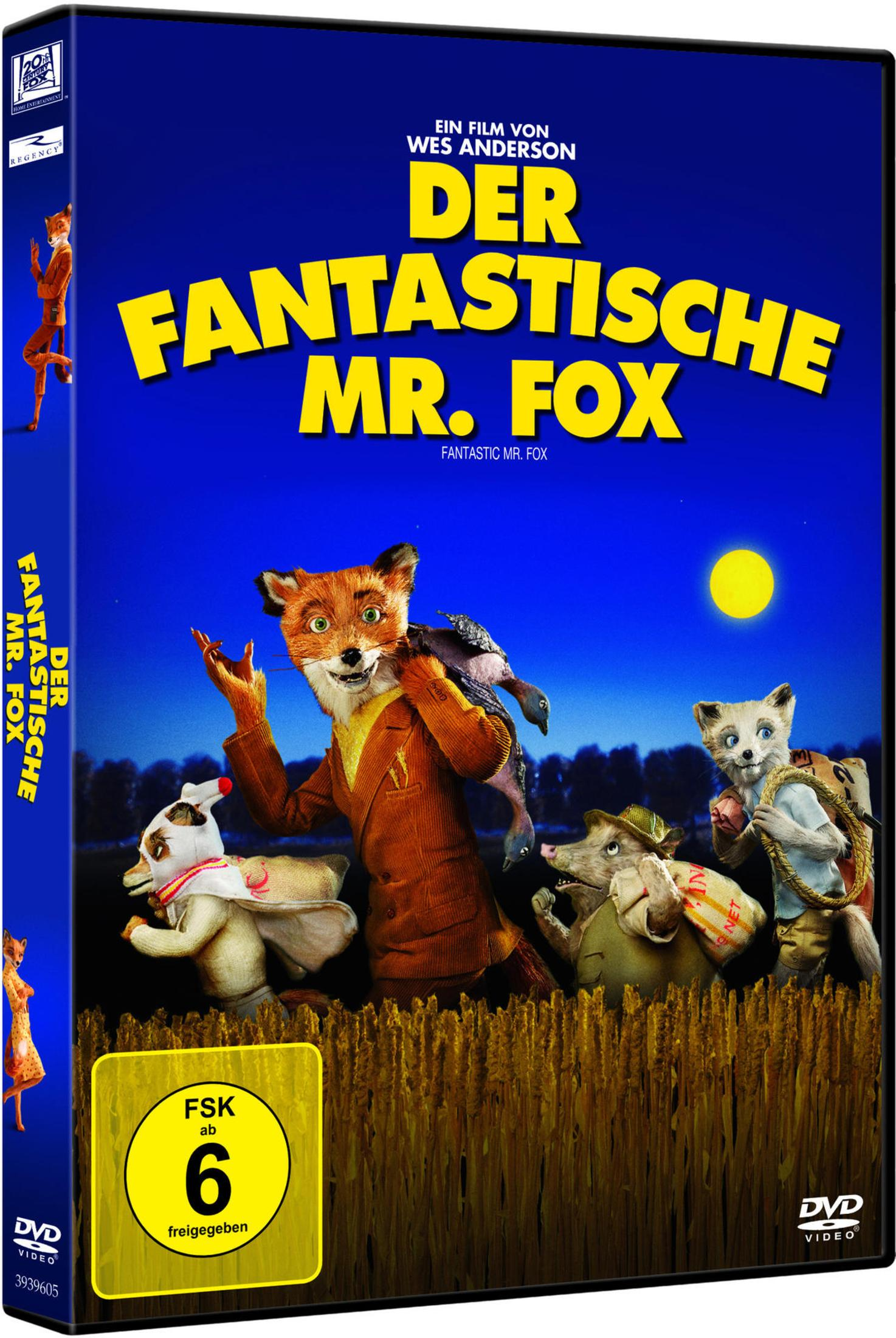 DVD-Cover von Der fantastische Mr. Fox mit animierten Tieren vor blauem Nachthintergrund und gelbem Schriftzug.