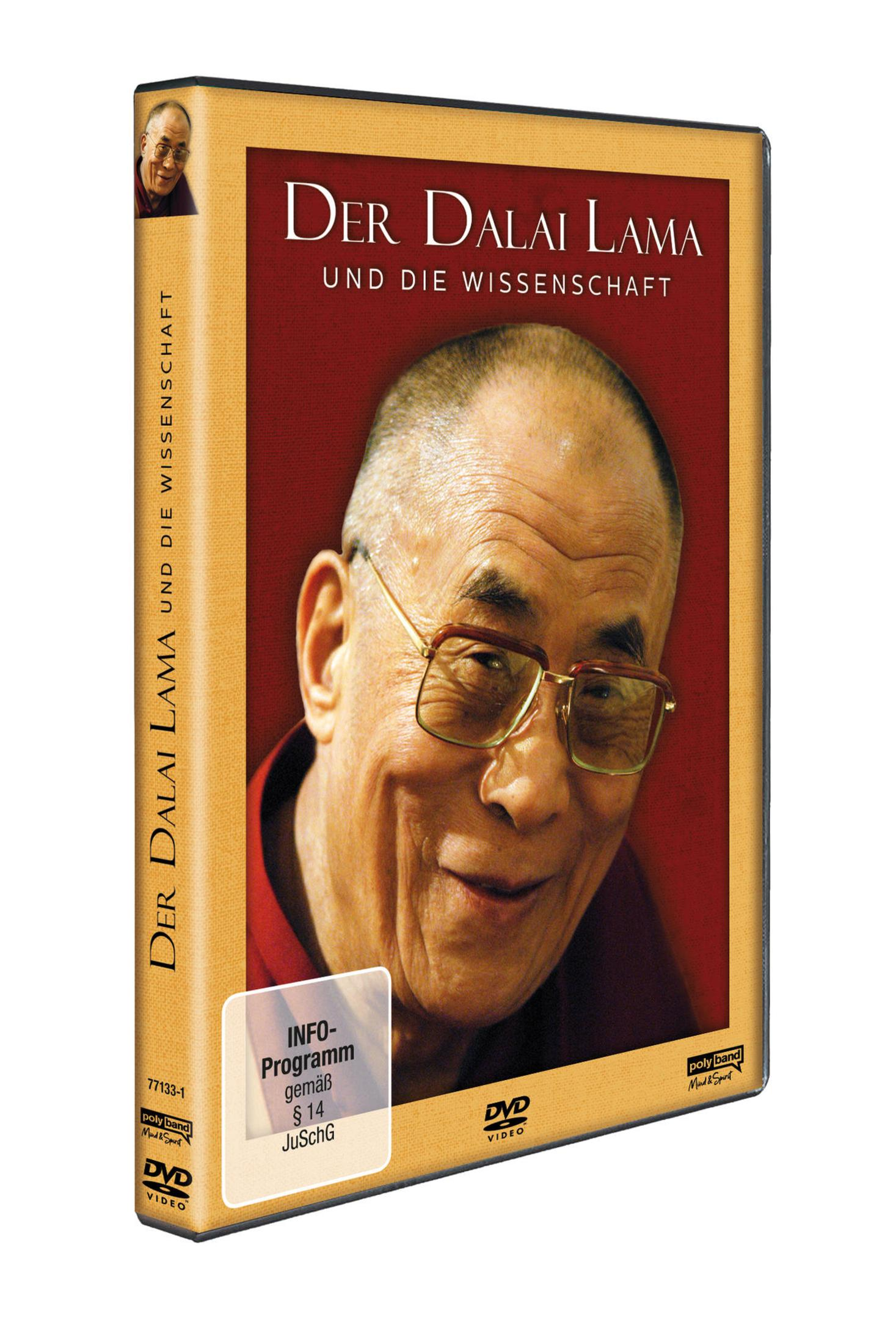 DVD-Hülle von 'Der Dalai Lama und die Wissenschaft' mit einem Porträt des Dalai Lama auf rotem Hintergrund.